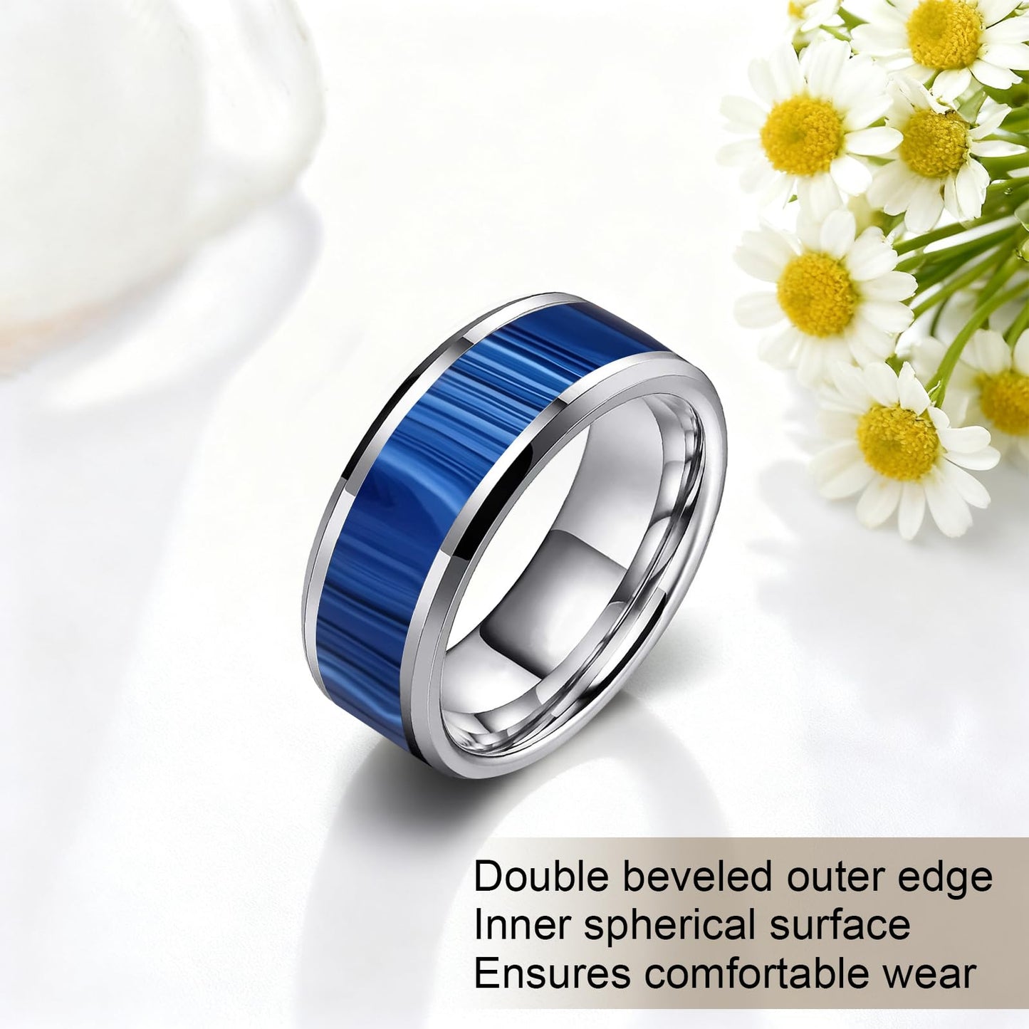 HJIMMNHONG New Carbon Fiber Fashion Rings Double Beveled Edge Delicate Polished Simple Stainless Steel Mens and Women Rings,8mm,Size Available (Peacock Blue, 9)