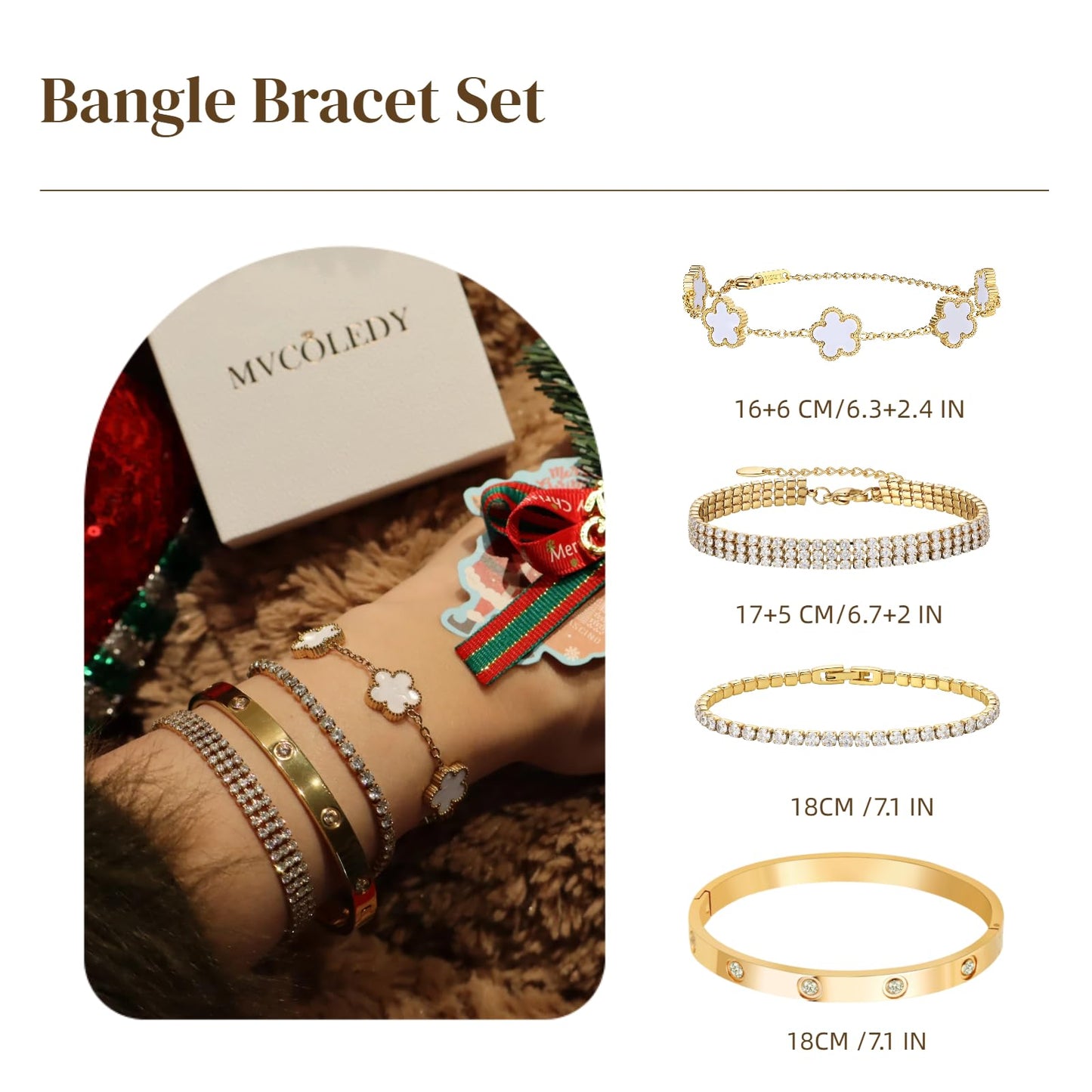 MVCOLEDY 18 K Gold Plated Love Bracelet Stack for Women 4-Piece Bracelet Shell Floral Clover Chain, Tennis Chain and Crystal Gold Bangle, Love Bracelet Design Gift Jewelry for Valentines Day