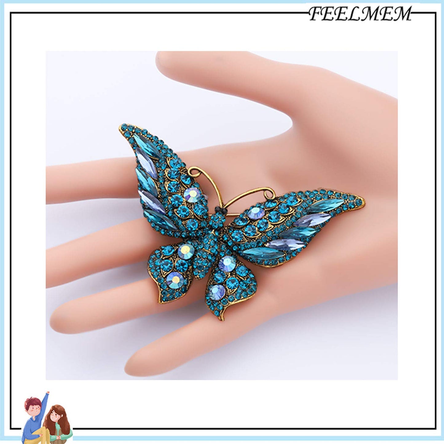 FEELMEM Crystal Rhinestone Butterfly Brooch Pin Blue Color Butterfly Brooches for For Women Wedding/Banquet/Birthday Party (blue-2)