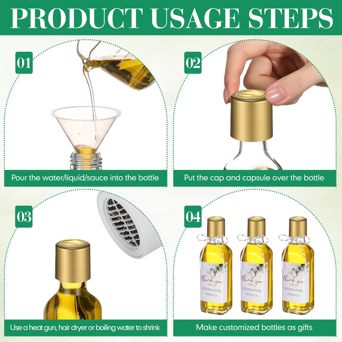 Reallnaive 20 Pack 3 oz Mini Glass Olive Oil Bottles Set, Homemade Wedding Sauce Gift Bottles Leakproof Screw Cap, Thank You Wedding Stickers for Storing Oil Honey Bridal Baby Shower Favors (Gold)