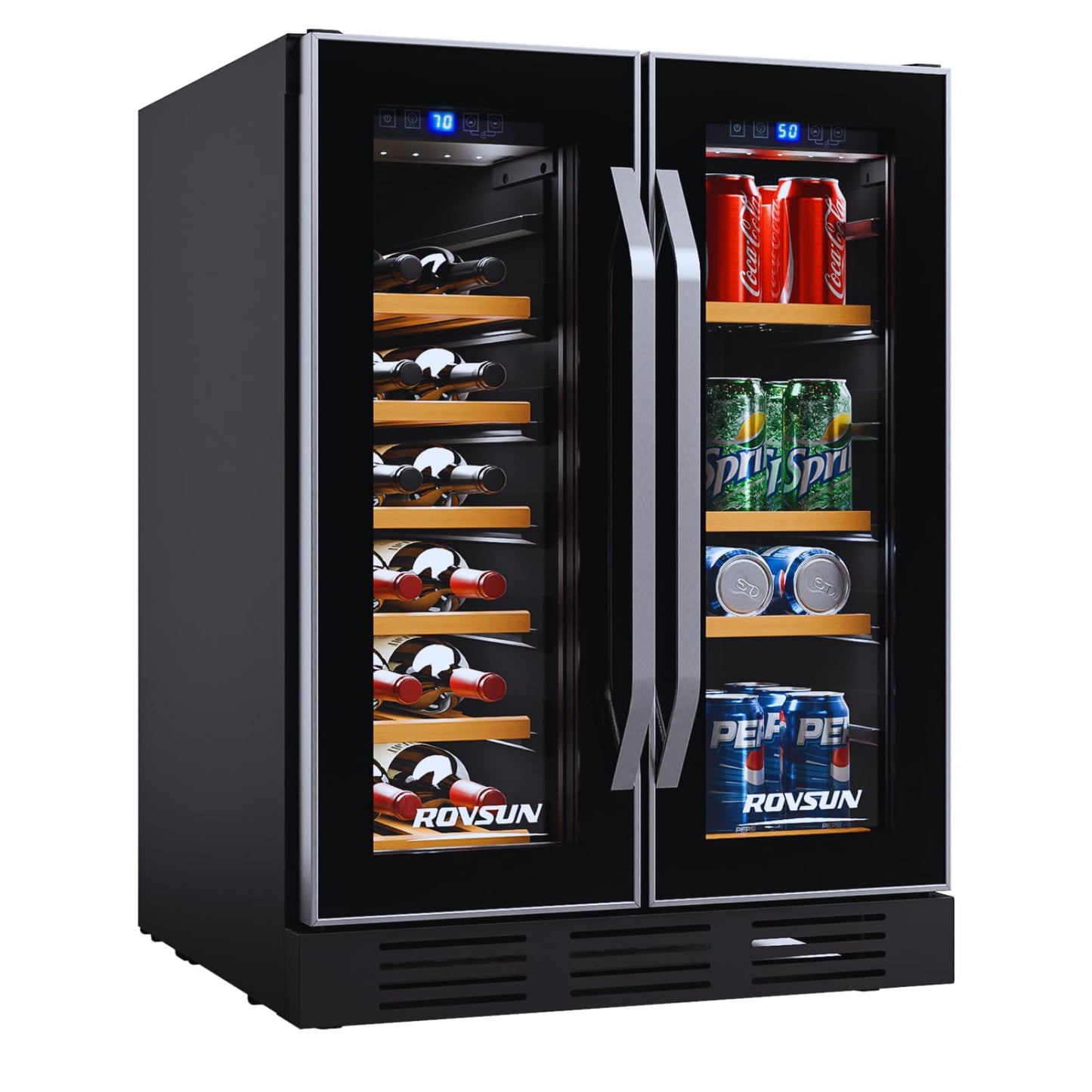 ROVSUN 24 Inch Dual Zone Wine and Beverage Refrigerator, Wine Fridge with Glass Door, Digital Temp Control, 34 Bottle Under Counter Beverage Fridge w/Large Capacity, Wine Cooler Chiller for Wine Beer