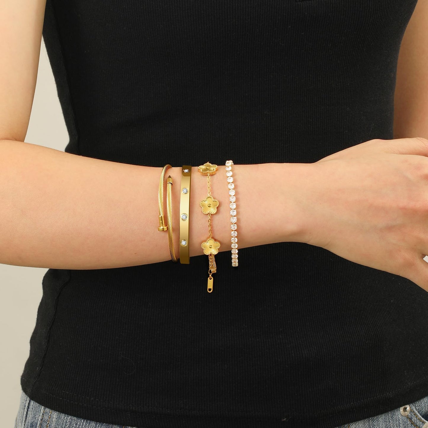 MEIERYA 18K Gold Plated Womens Stackable Floral Bracelets Set,Twisted Cable Bangle,Trendy Jewelry,Waterproof adjustable bracelet,Christmas Birthday Gifts for Girlfriend or Mother. (06-Color-gold)
