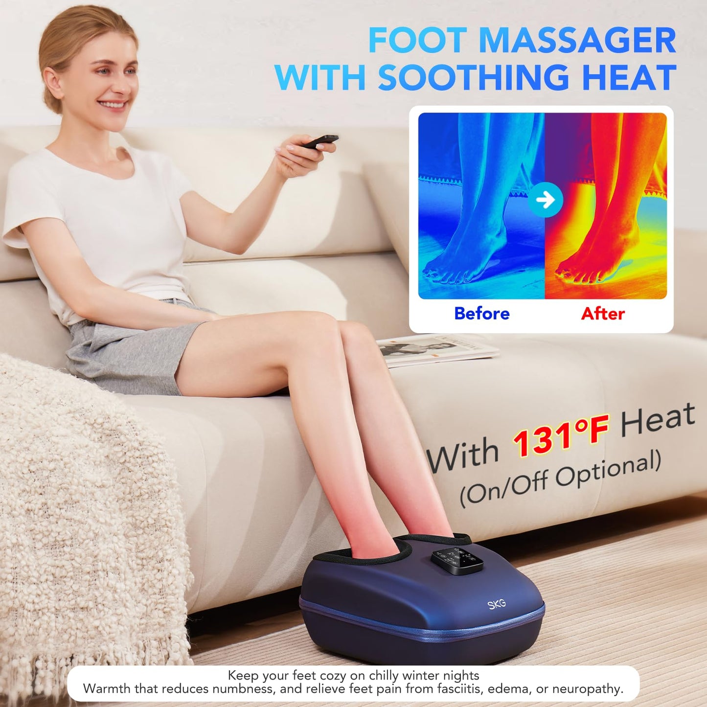SKG YS100 Shiatsu Foot Massager with Heat and Remote, Feet Massager with 3 Air Compression Modes, for Plantar Fasciitis and Neuropathy, Fits up to Size 13 for Men Women