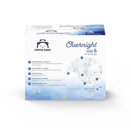 Amazon Brand - Mama Bear Overnight Baby Diapers with Leak Protection and Skin Protection, Fragrance-Free, Size 6, Hypoallergenic, Chlorine Free, Dermatologist Tested, 54 Count