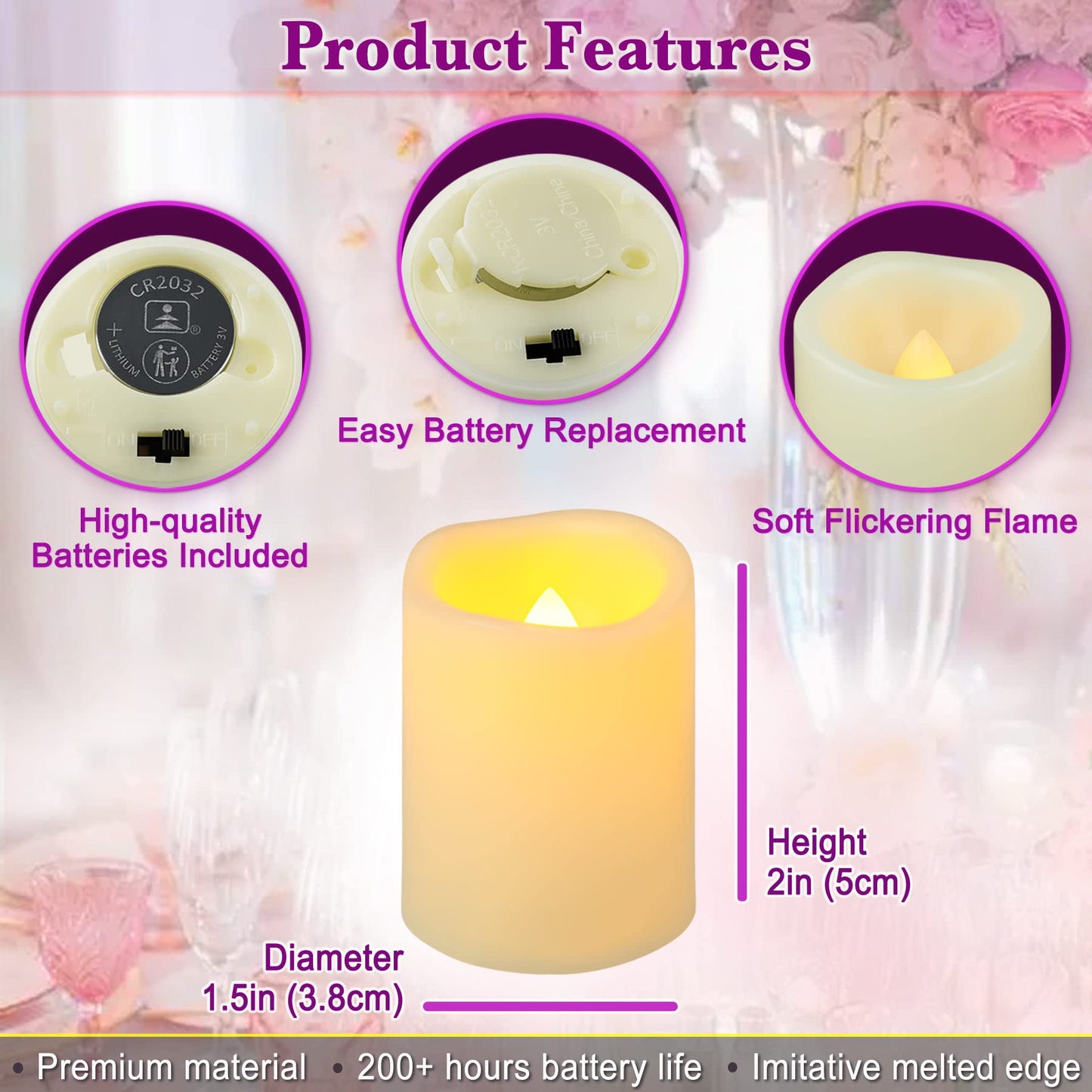 Yakpo 48 Pack 1.5" x 2" Battery Operated Votive Candles, Flameless LED Votive Tea Light Candles Flickering, Electric Powered Outdoor Flicker Candles Bulk for Holiday Wedding Halloween Home Decorations