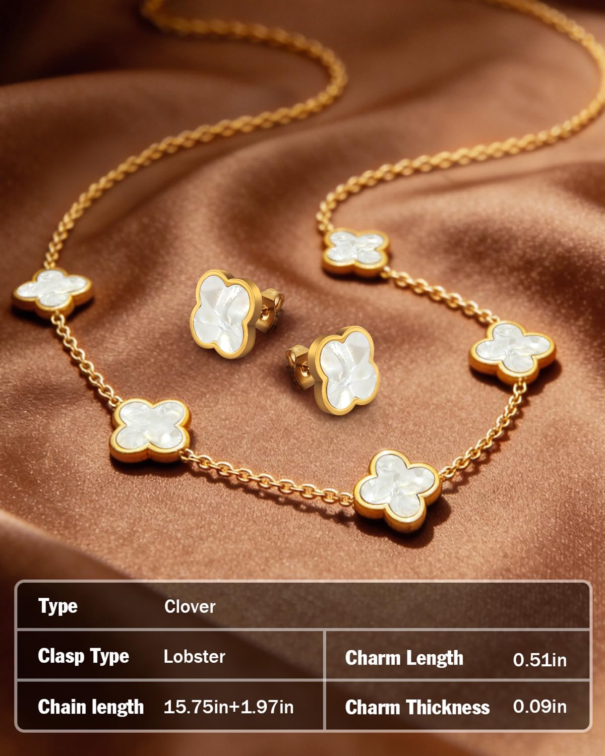 Aimétte Monette 18K Gold Plated Jewelry Set, Clover Necklace Stud Earrings for Women Hypoallergenic White Lucky Clover Pendant Necklace Gifts for Women Trendy