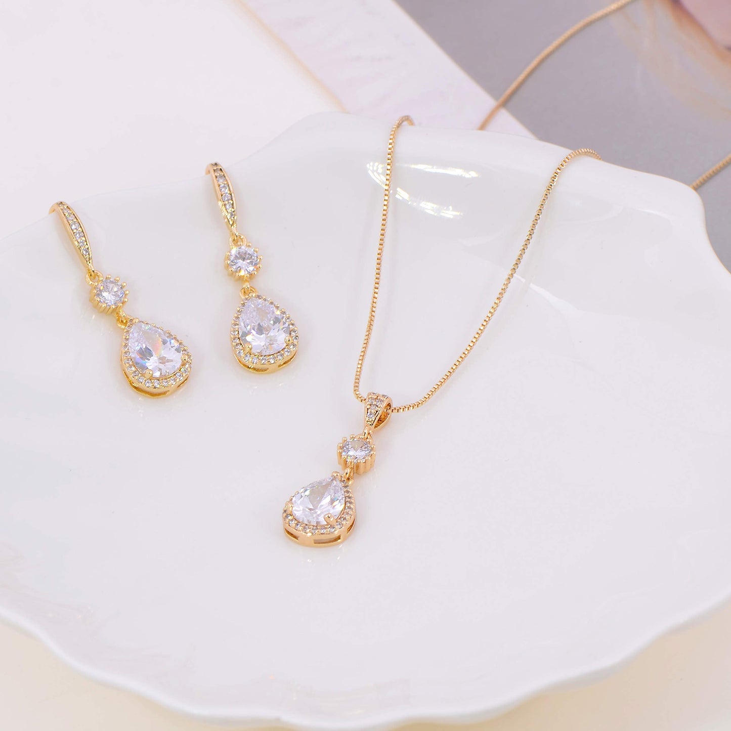 AMYJANE Bridal Jewelry Set for Wedding - 18k Gold Plated Sterling Silver Teardrop Cubic Zirconia Crystal Drop Earrings and Necklace Set for Bride Bridesmaids Mother of Bride Prom Party
