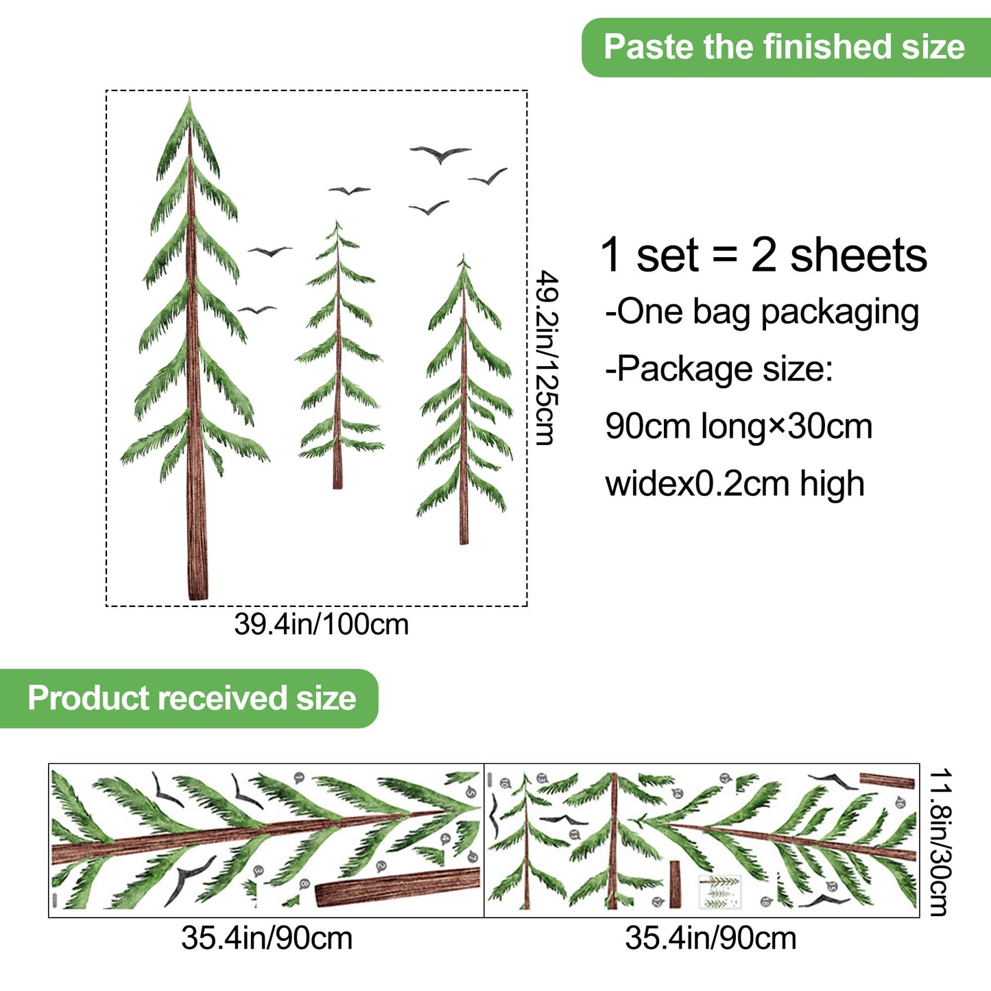 LiveGallery Removable Large 3 Pine Brown Tree Wall Decals Green Leaf With Black flying Birds Wall Sticker DIY Peel and Stick Plants Wall art Decor for Kids Girls Boys Teens Nursery Bedroom Living Room
