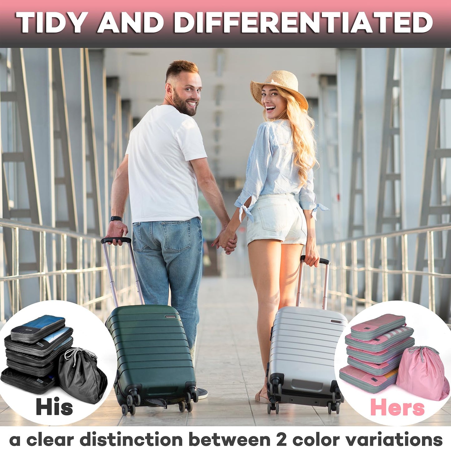 Compression Packing Cubes - WONGLE 12 pc Set His and Hers Family Travel Organizer Compressible Packing Cubes for Suitcases, Luggage Organizer Bags, Travel Accessories, Shoe Bag (Pink/Black)
