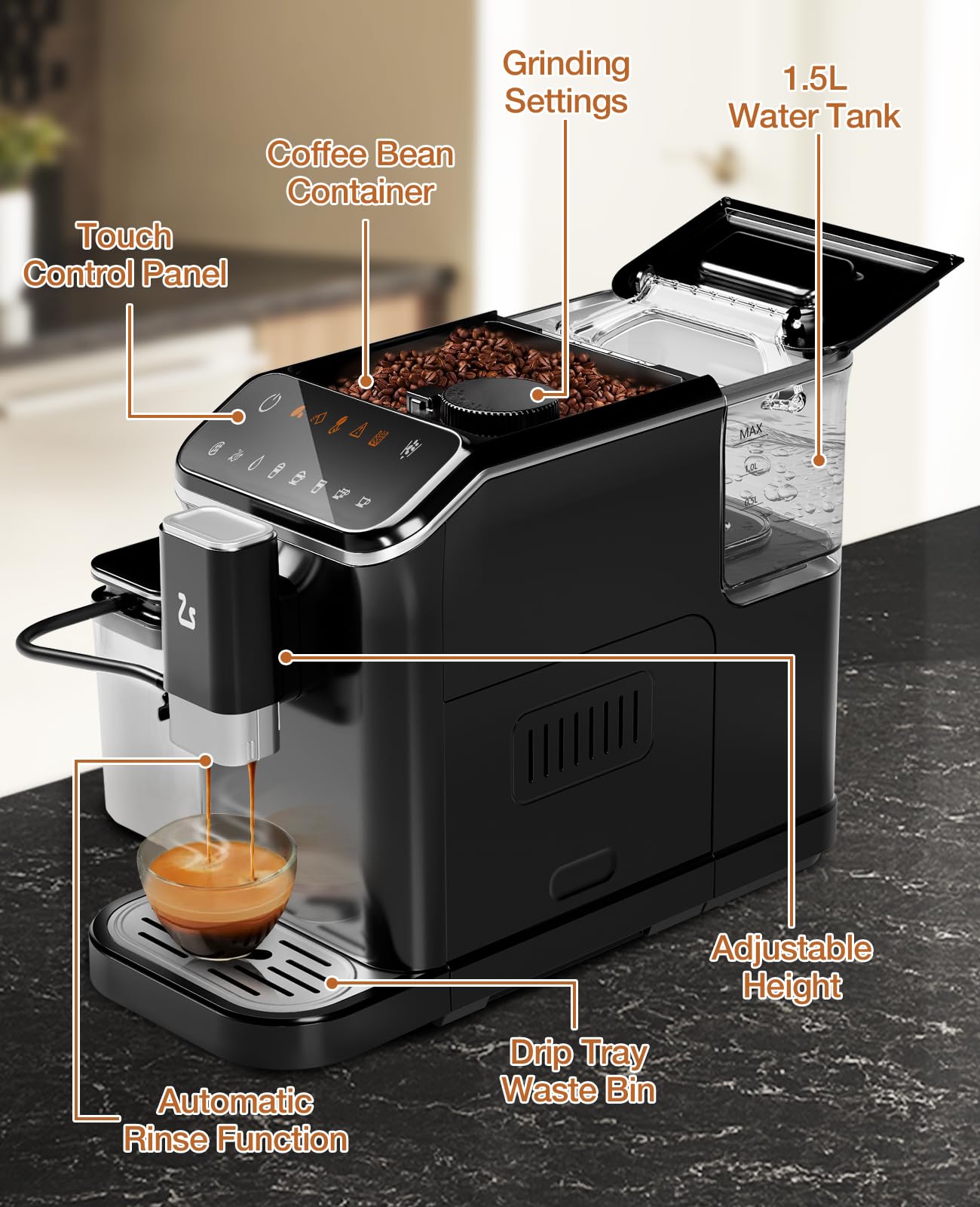 Zstar Fully Automatic Espresso Machine with Milk Frother, Professional Espresso Maker with Grinder, Auto-Cleaning, One-Touch Operation, 1.5L Water Tank for Latte, Cappuccino, Macchiato