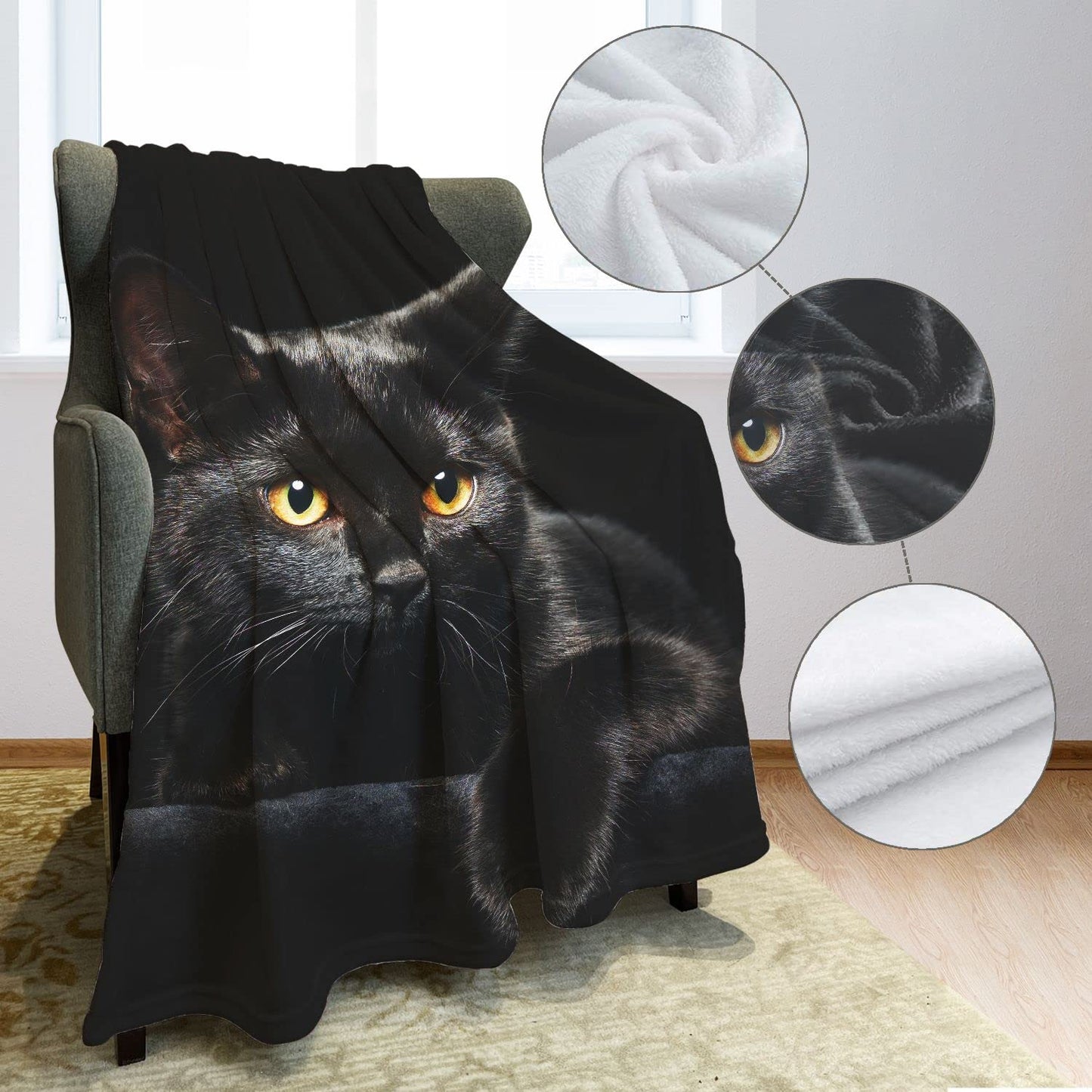 YISUMEI Black Cat Throw Blanket Modern Black Decorative Big Eyes Black Cat Fleece Blanket Soft Warm Cozy for Kids Adult Gifts 60"x80"