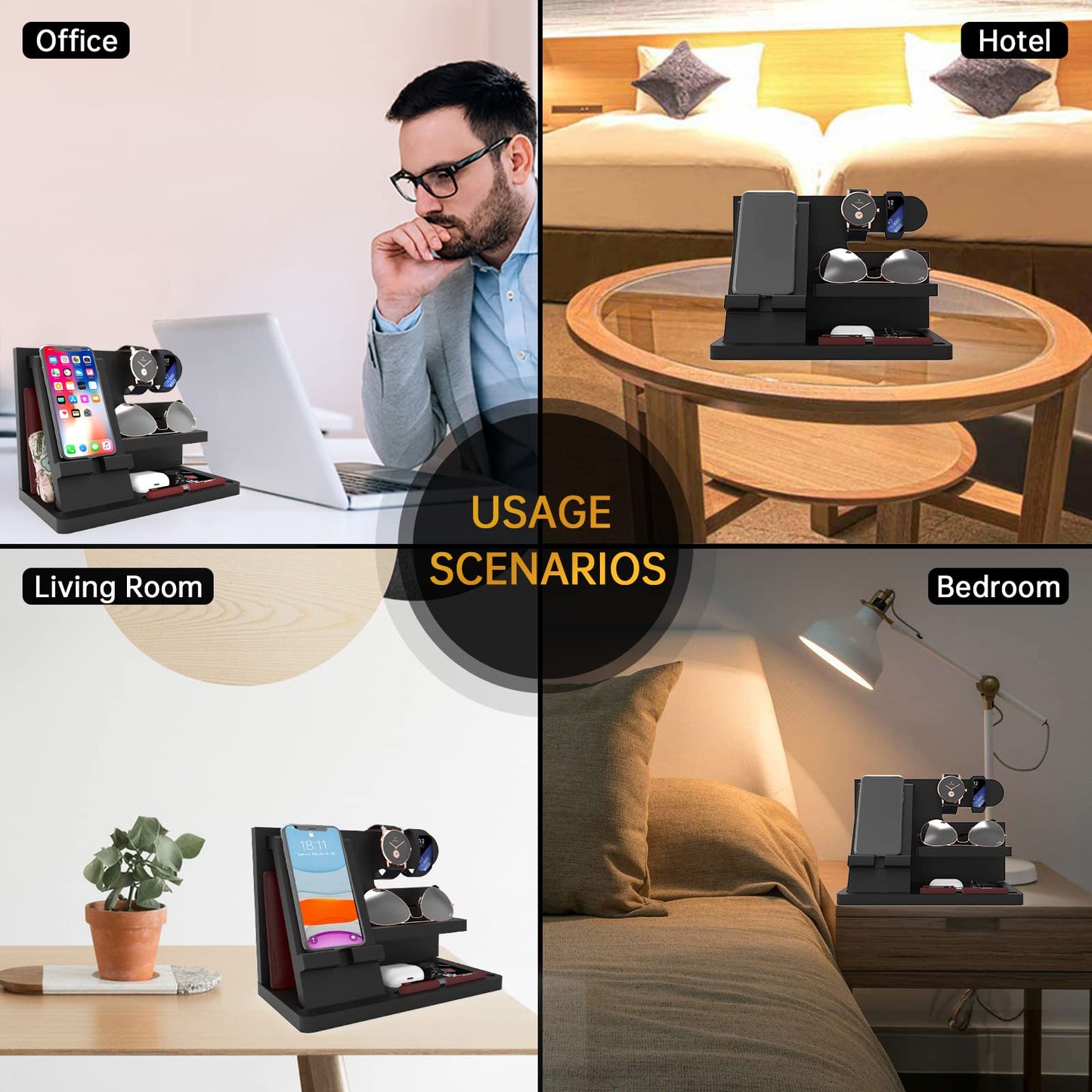 Iswabard Gifts for Men Wood Phone Docking Station Birthday Gift for Men Valentines Day Gifts Father Gift for Him Boyfriend Nightstand Organizer Desktop Phone Stand Black