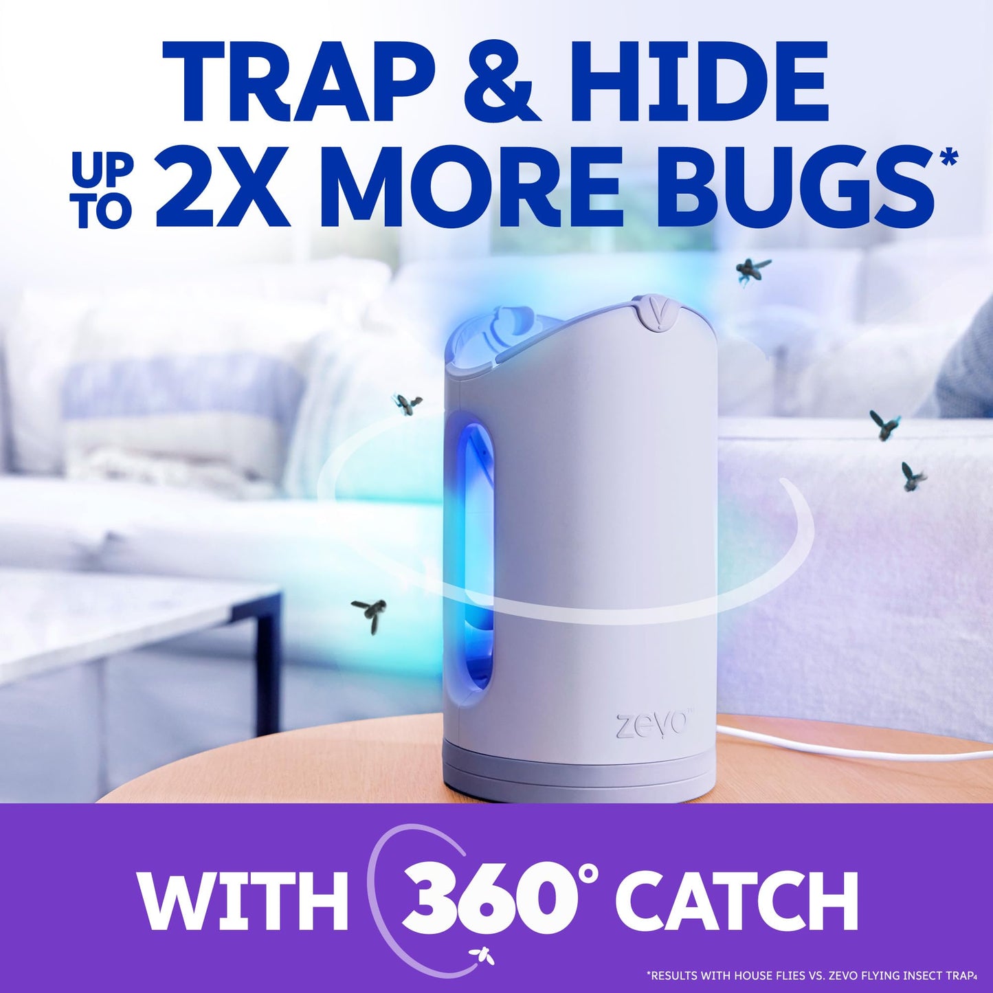 Zevo MAX Bug Catcher & Fly Trap for Indoors - Flying Insect Trap for Gnats, House & Fruit Flies - Use in Any Room - No-Mess Disposal (1 Plug in Base & 2 Cartridges)