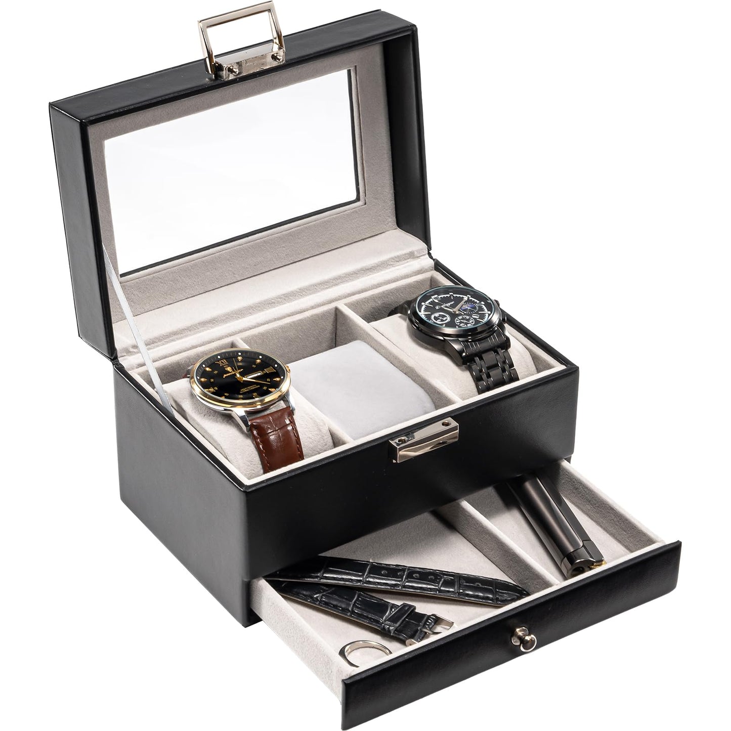 ProCase Watch Box, 3 Slot Watches Display Case with Drawer, Mens Watch Case with Glass Lid, 2-Layer Mens Jewelry Organizer Storage Holder, Birthday Valentine Gifts for Men-3 Slot, Black