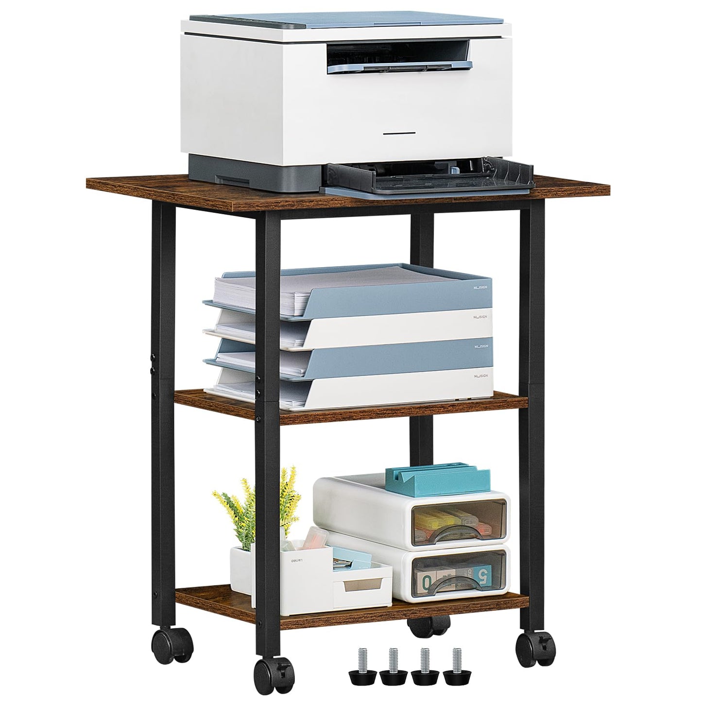 Lerliuo 3-Tier Printer Stand, Industrial Mobile Printer Table with Storage Shelf and Steel Frame, Rolling Printer Cart Holder with Lockable Wheels for Home, Office (Brown)