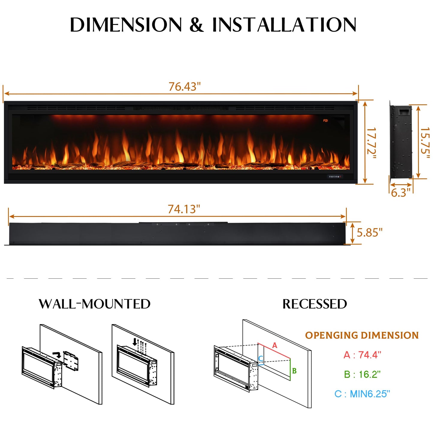 Dreamflame 74 inch Electric Fireplace, Smart Fireplace Insert recessed in Wall and Wall Mounted fire Place Heater with Metal Frame, Multicolor Flame & Realistic logs，Thermostat& Timer, 1500W, Black