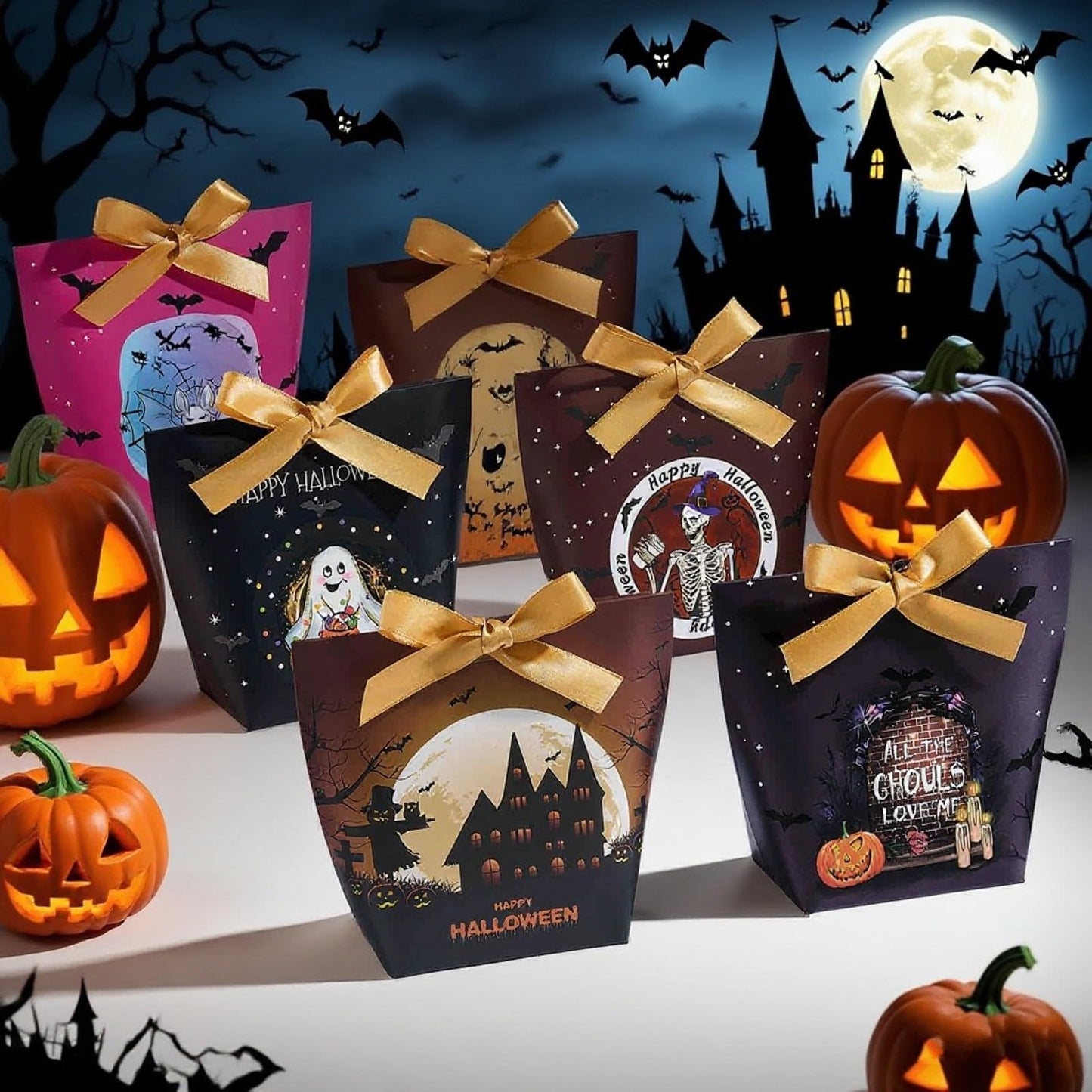 JCXGRVC 48Pcs Halloween Treat Boxes with Ribbons,6 Patterns Gift Bags for Kids Coworkers Decorations Boxes Party Favors Boxes