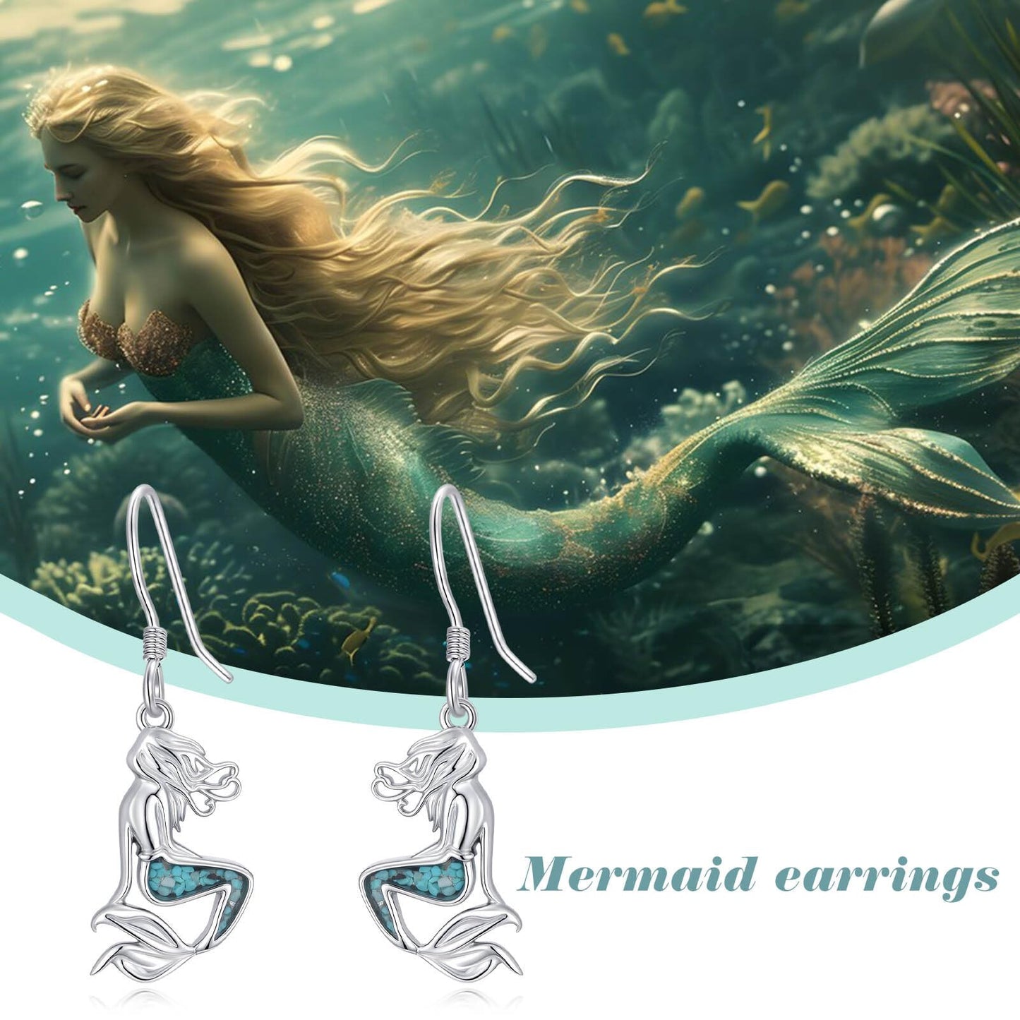 HPQQ Mermaid Earrings 925 Sterling Silver Turquoise Mermaid Dangle Earrings Ocean Beach Themed Jewelry Mother's Day Jewelry Gifts for Women