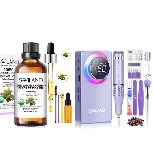 SAVILAND 50000RPM Nail Drill & Jamaican Black Castor Oil Organic : 2024 High Tech Fast Removal Electric Nails Drill Kit 6000mAh Rechargeable Machine Dremal Professional Drill Bit