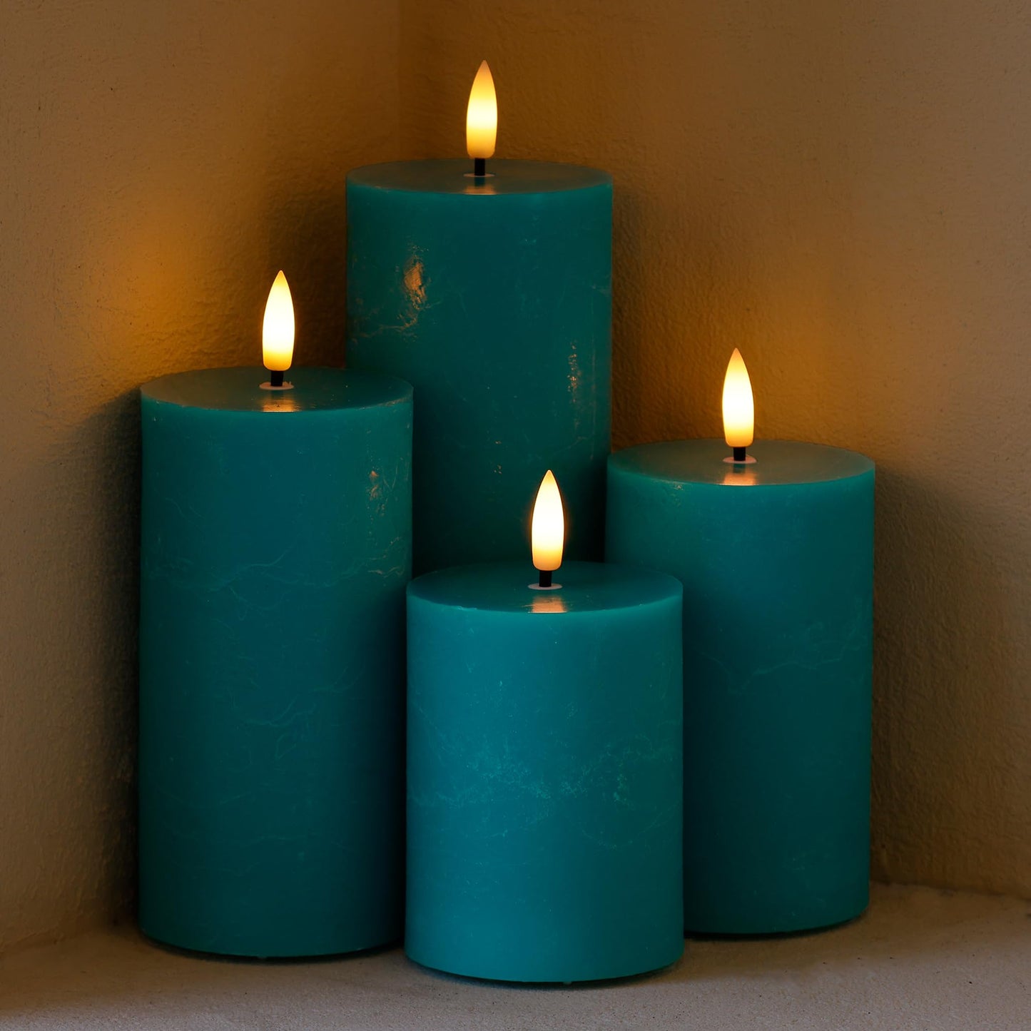 AFINETH Teal Flameless Pillar Candles, Battery Operated Candles with Remote, Real Wax Flickering LED Candles for Home Party Wedding Holiday Decor, Set of 4, Φ 3" H 4"" 5"" 6"" 8"""
