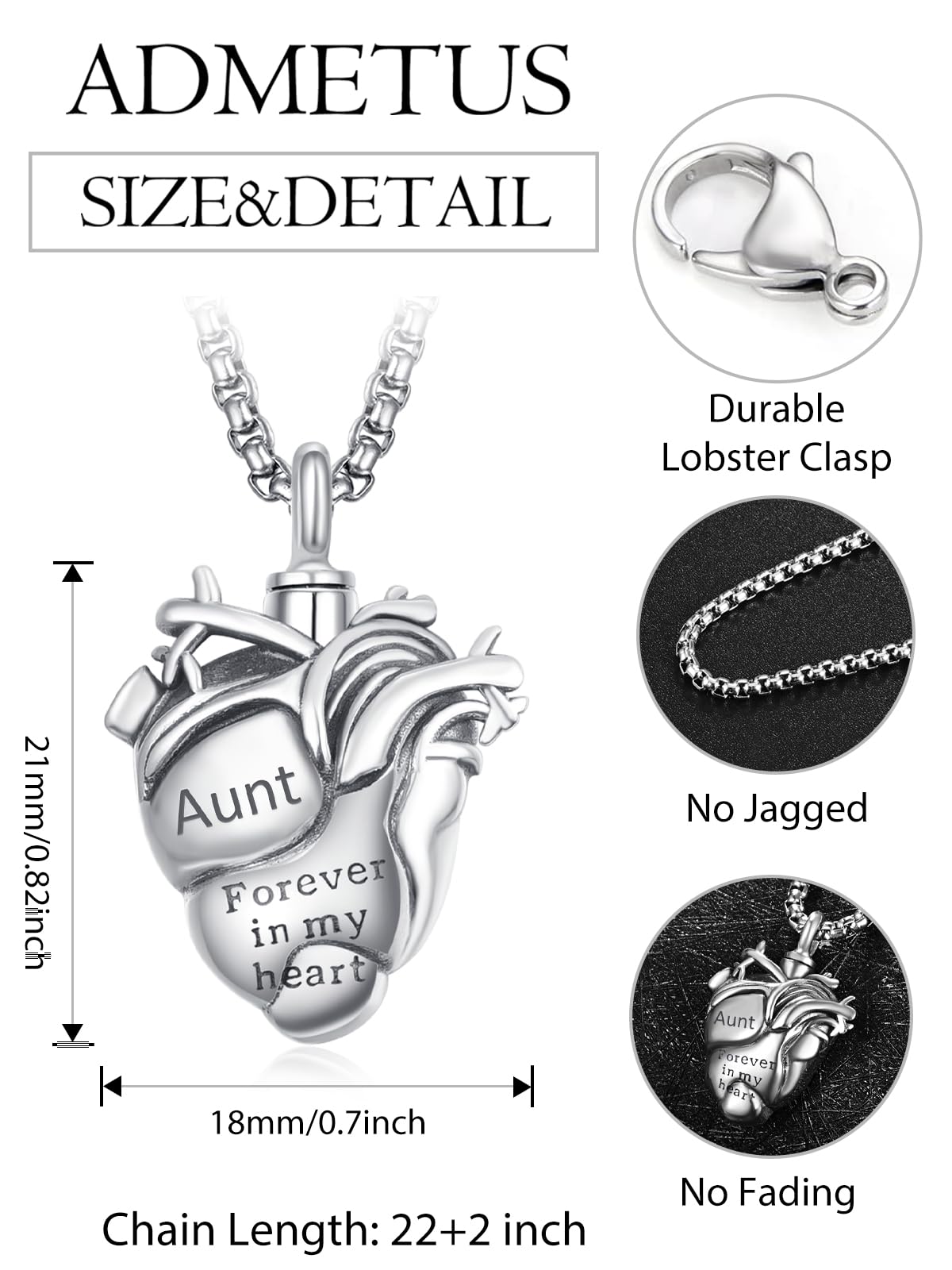 Personalized Anatomical Heart Urn Necklaces for Ashes Sterling Silver Ash Pendants Cremation Jewelry Aunt Keepsake Pendant Memorial Jewelry Gifts for Loss of Aunt