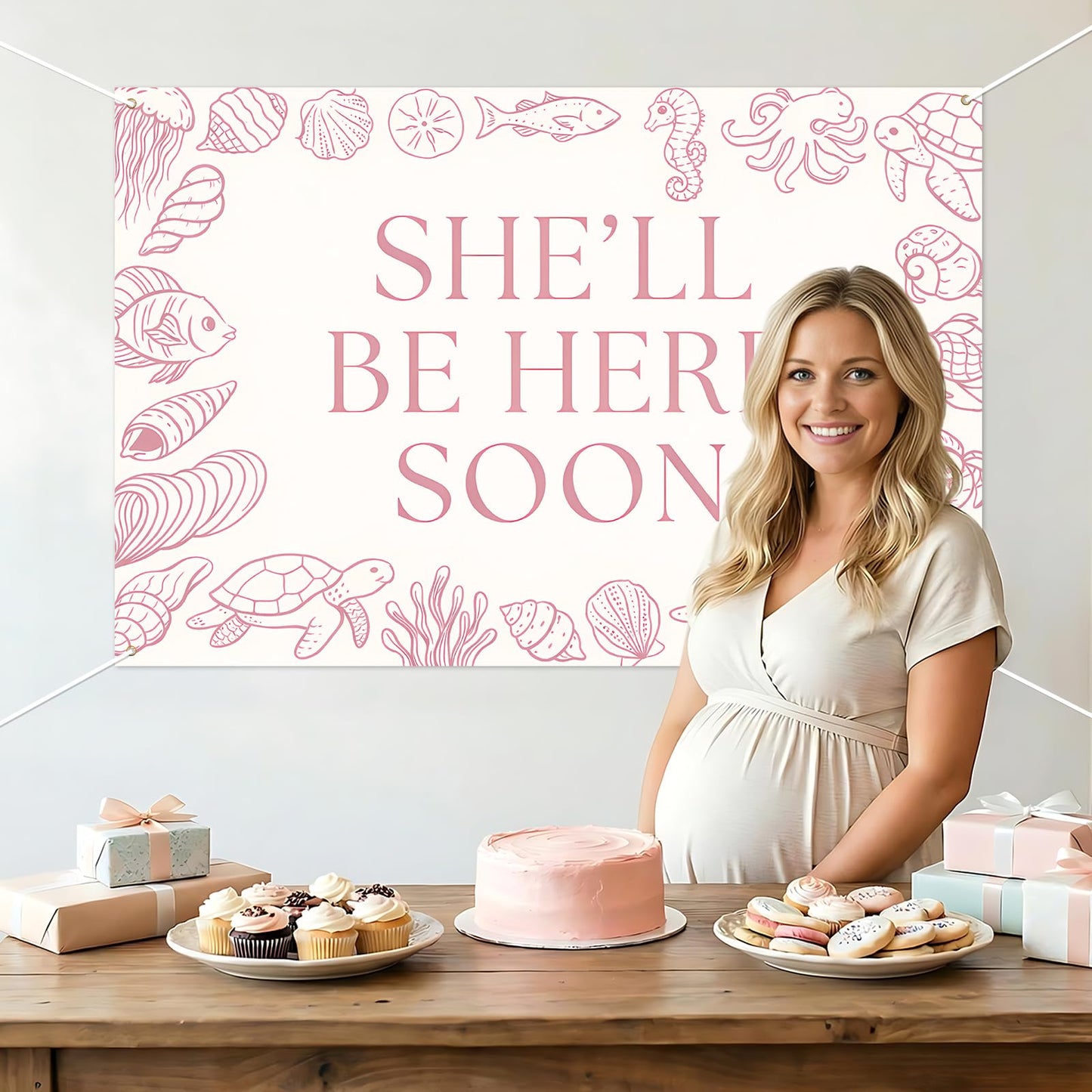 She'll Be Here Soon Backdrop Sea You Soon Baby Shower Decorations Banner Pink Seashell Seahorse Starfish Ocean Animals Photography Background for Girls Under The Sea Baby Shower Supplies 5x3ft