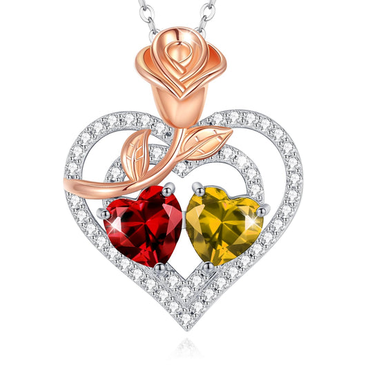 AGVANA January November Birthstone Jewelry Garnet Citrine Necklace Sterling Silver Rose Flower Heart Double Birthstone Pendant Necklace Anniversary Birthday Gifts for Women Mom Wife Lady Her