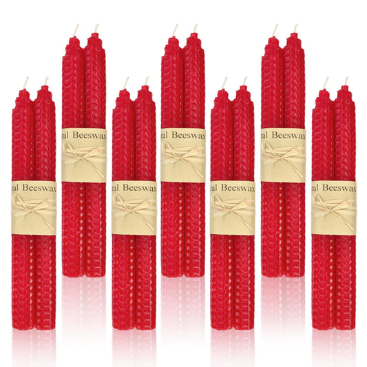 14 Pack Beeswax Taper Candles, Handmade Bees Wax Candle for Home, Unscented & Dripless Candle Sticks, 9" Tall, Red Beeswax Candles by Kissingfish