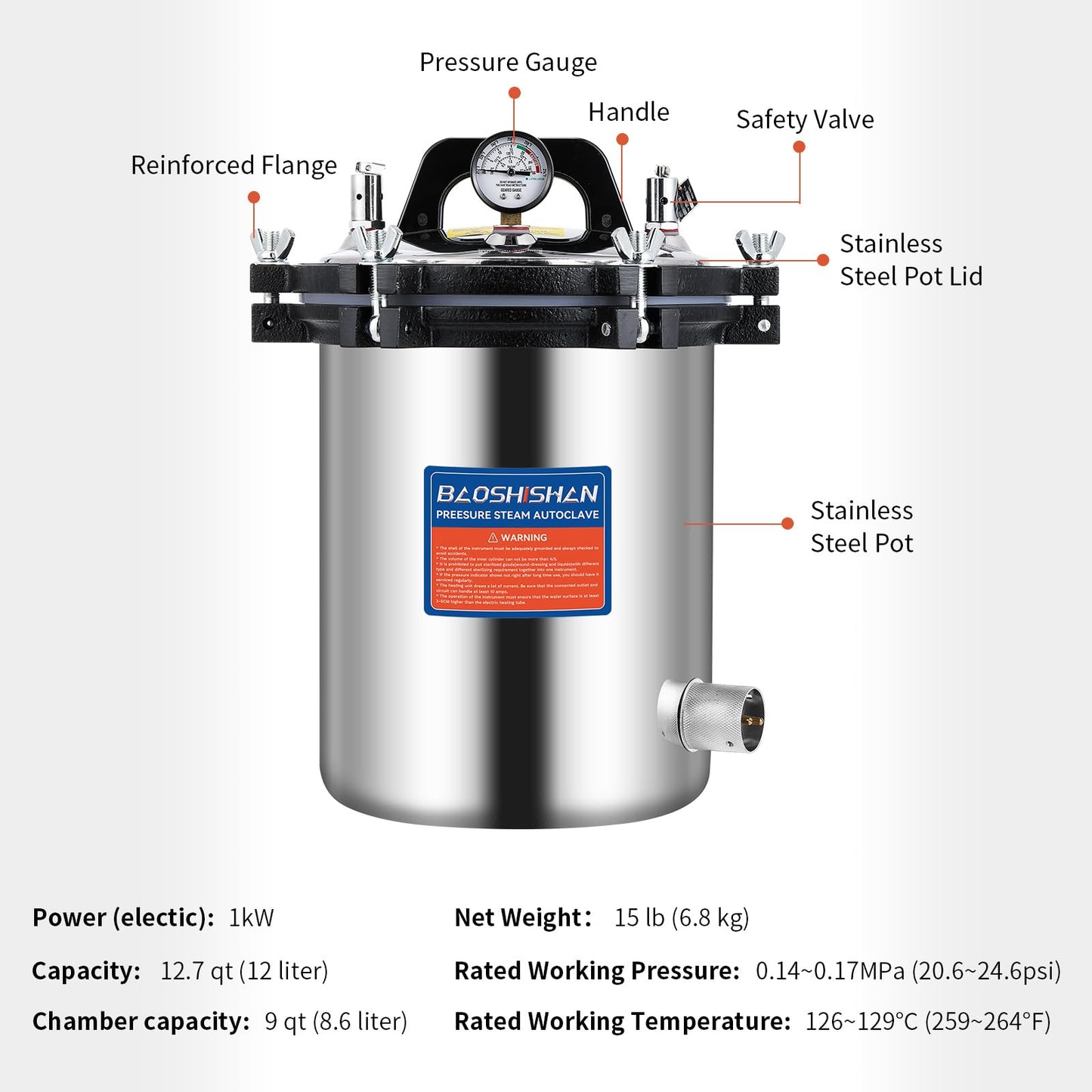 BAOSHISHAN 12L Steam Autoclave 12.7 QT Stainless Steel Portable Pressure Autoclave 1KW 110V