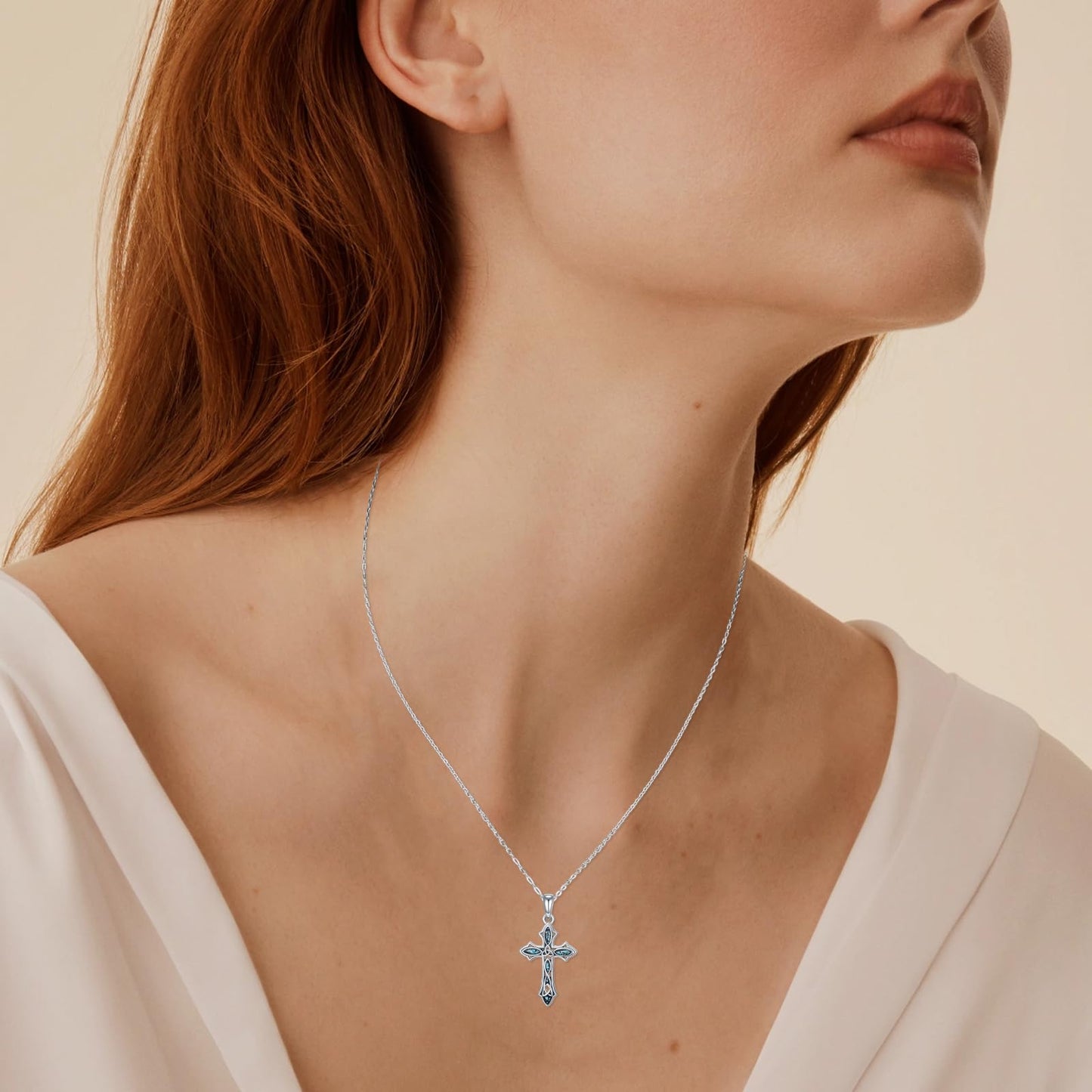 MOPOPOK Cross Necklace for Women S925 Sterling Silver Turquoise Cross Celtic Knot Pendant Necklace Protection Jewelry Gifts for Mom Wife Birthday Graduation Anniversary