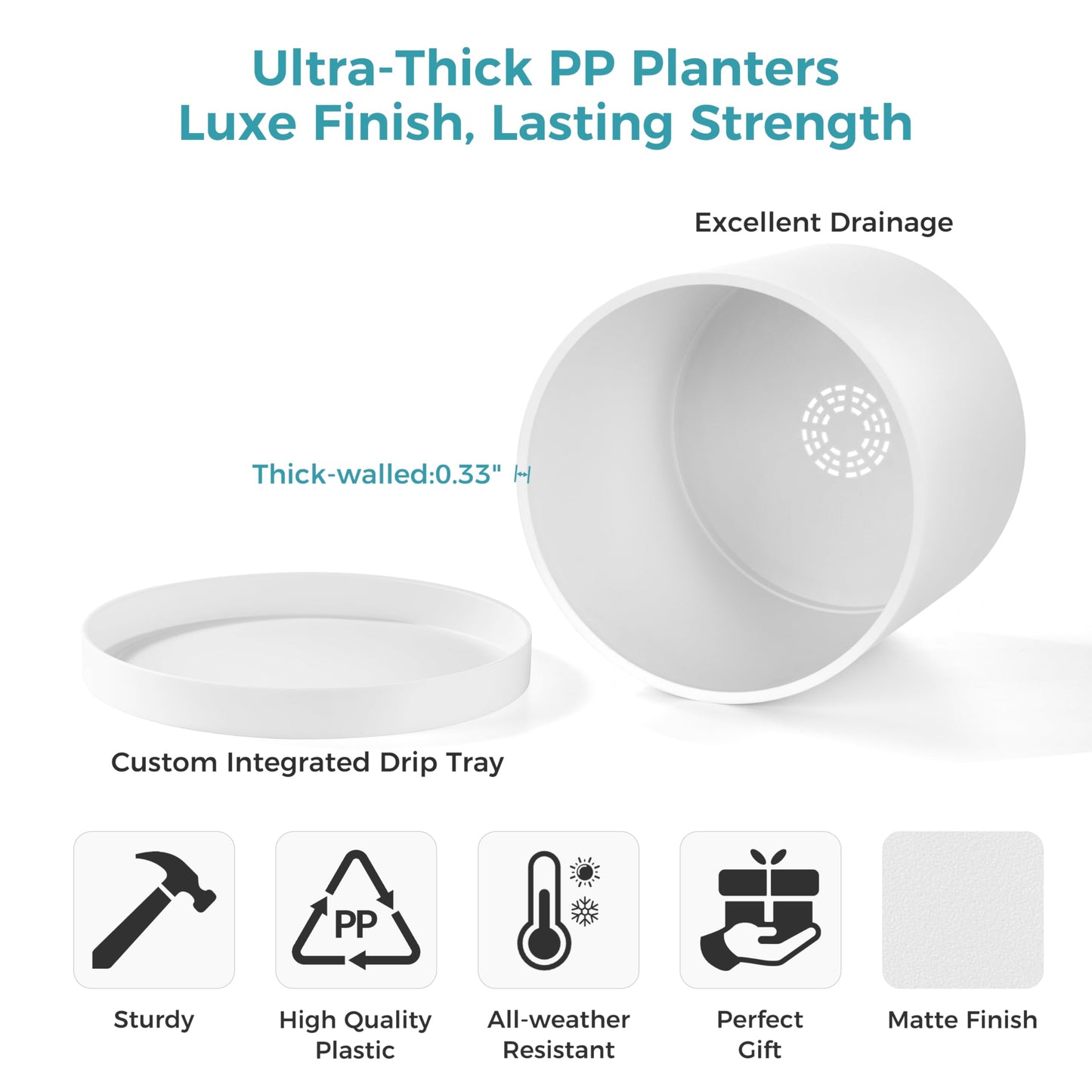FaithLand 12-Inch Large Modern Cylinder Planter, Thick-Walled Plastic Plant Pot with Drainage Holes and Detachable Saucer, Matte White, Ideal for Indoor & Outdoor Plants Flowers