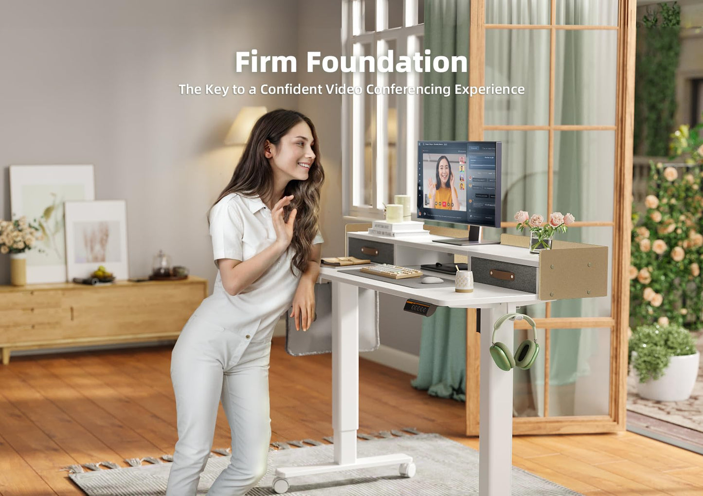 YDN Electric Standing Desk, Adjustable Height Stand up Desk, Sit Stand Home Office Desk with Splice Board, 48x24 Inches, White Top with Shelf