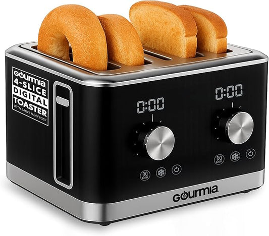 Gourmia 4 Slice Toaster, Double-Sided – Dual Independent Controls, Bagel, Defrost & Reheat Mode, 6 Browning Levels, Extra Wide Slots, Removable Crumb Tray, Compact Design, Black