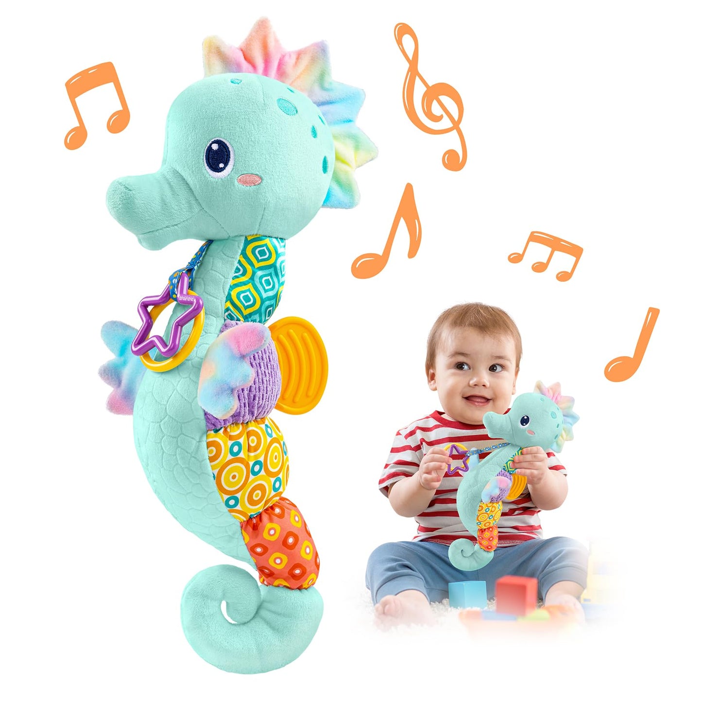 LIGHTDESIRE Baby Toys Musical Seahorse,Infant Stuffed Animal Toys with Crinkle and Rattles,Soft Sensory Toys with Textures for Tummy Time Newborn Boys Girls 0 3 6 12 Months(Blue)