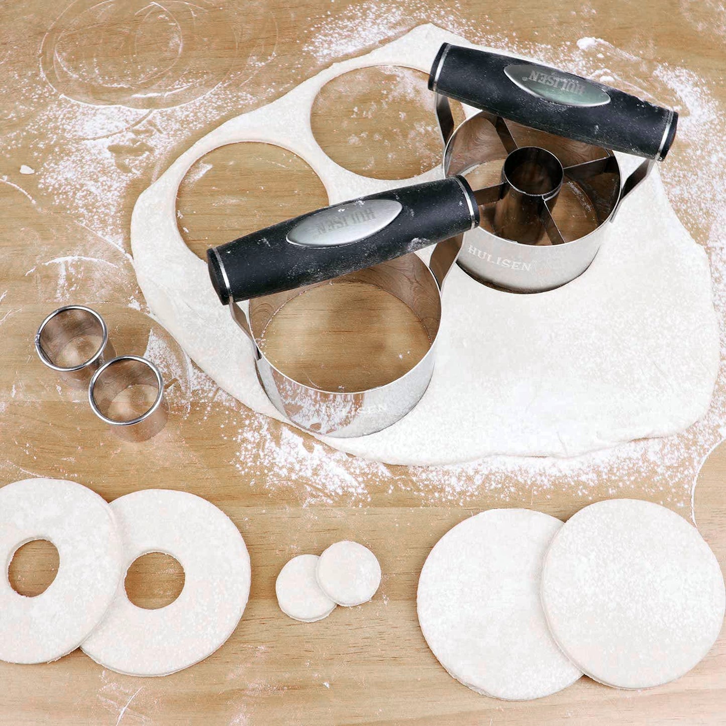 HULISEN Donut Cutter & 3.5 inch Biscuit Cutter (Set of 2), with Soft Grip Handle, Bonus 2 Pcs Small Cookies Cutter - Stainless Steel Professional Baking Dough Tool Set, Gift Package
