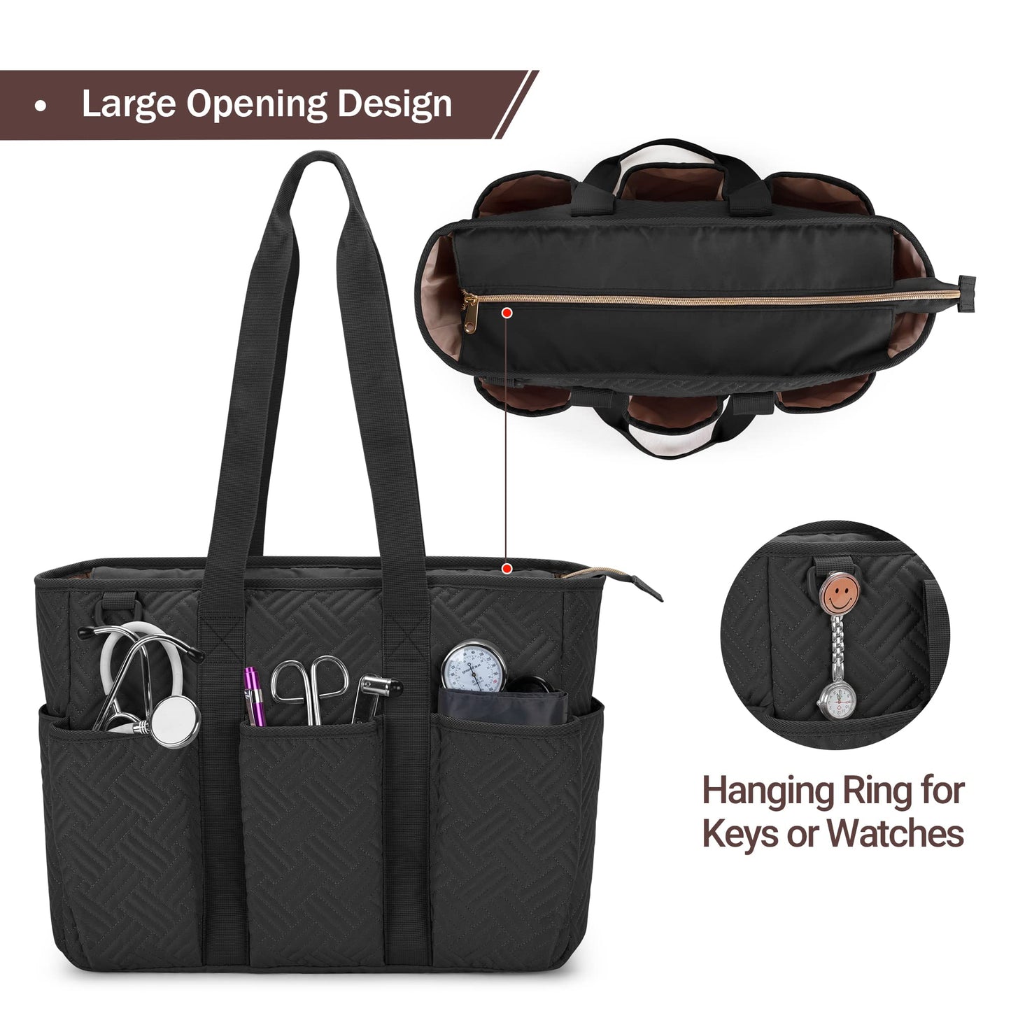 Fasrom 2PCS Nurse Tote Bag Bundle for Work, Structured Clinical Bag and Lightweight Puffer Nursing Tote, Multi-Pocket Nurse Bags for Nurses, Nursing Students, Home Health Care, Black+Pink