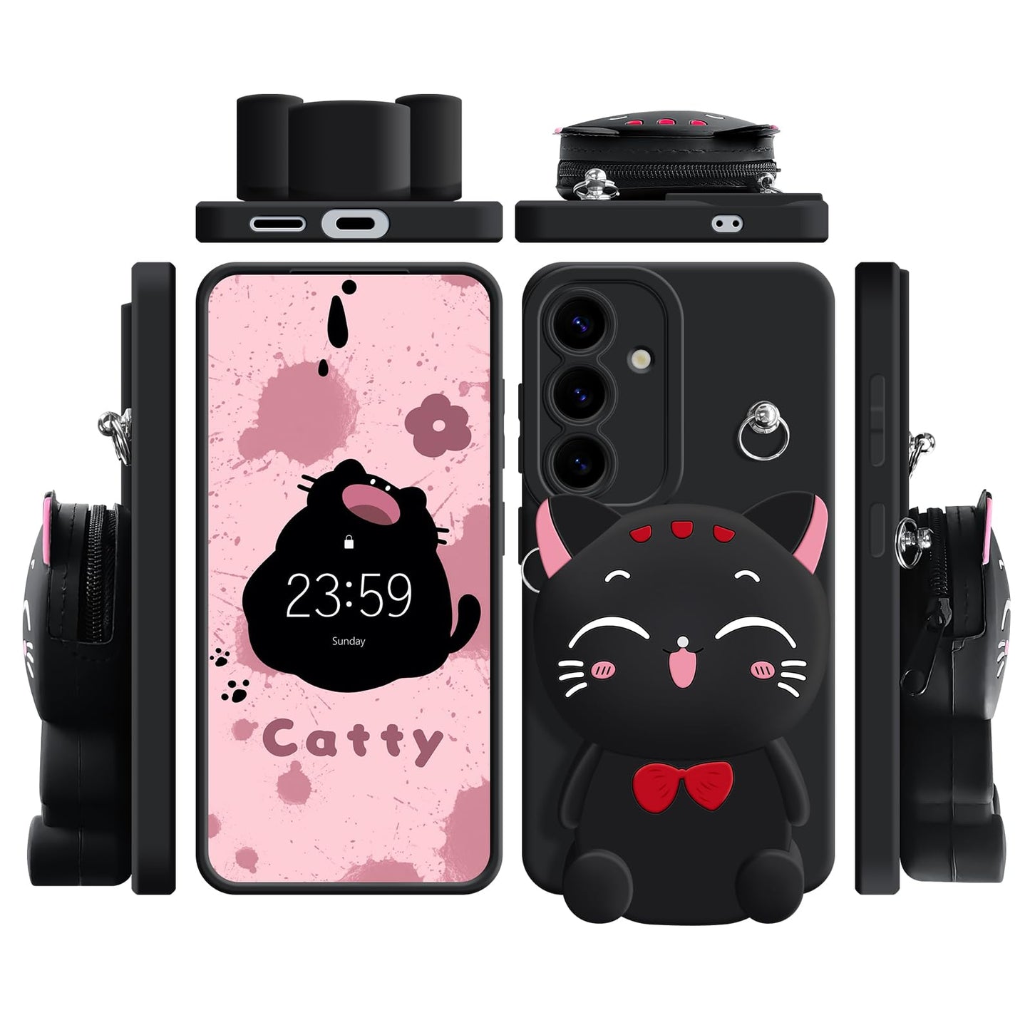 SGVAHY for Samsung Galaxy S25 Plus Case, Cute Black Lucky Cat Coin Purse Fancy Phone Case for Women Girls with Crossbody Strap Kawaii Soft Silicone Cover for Galaxy S25 Plus