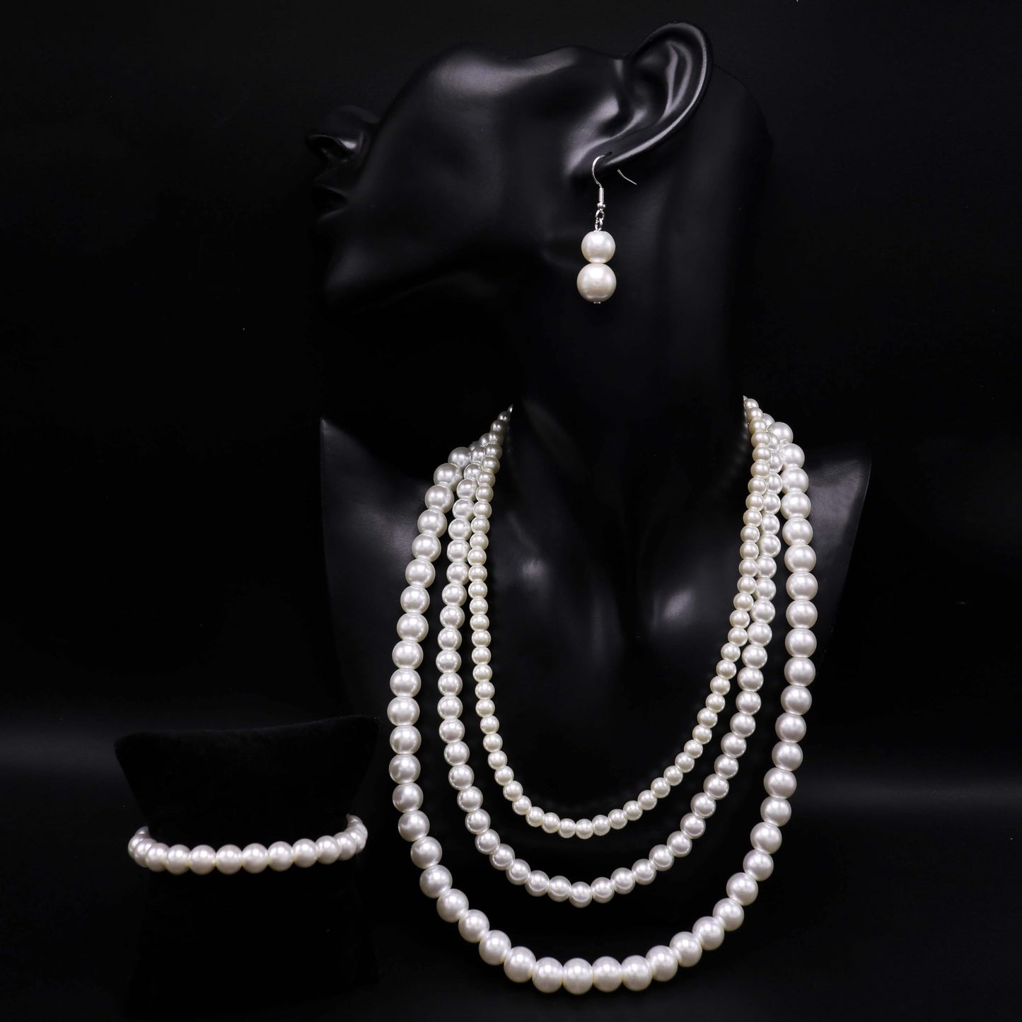 Cryshimmer Pearl Necklaces Earring Bracelet for Women Cream White Faux Pearl Beads Strand Layered Necklace Costume Jewelry Set(16"/18"/21")