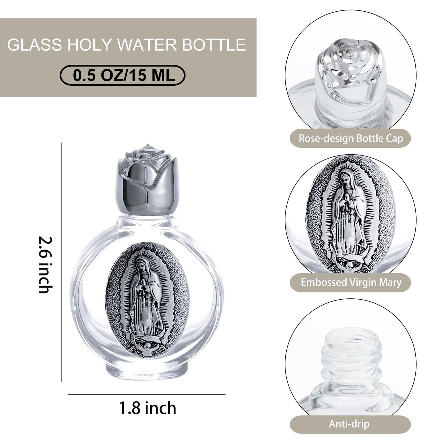 KOMI 12PCS Glass Holy Water Bottle 0.5 floz Mini Holy Water Container with Embossed Our Lady of Guadalupe Religious Empty Travel Bottle Church Catholic Gifts