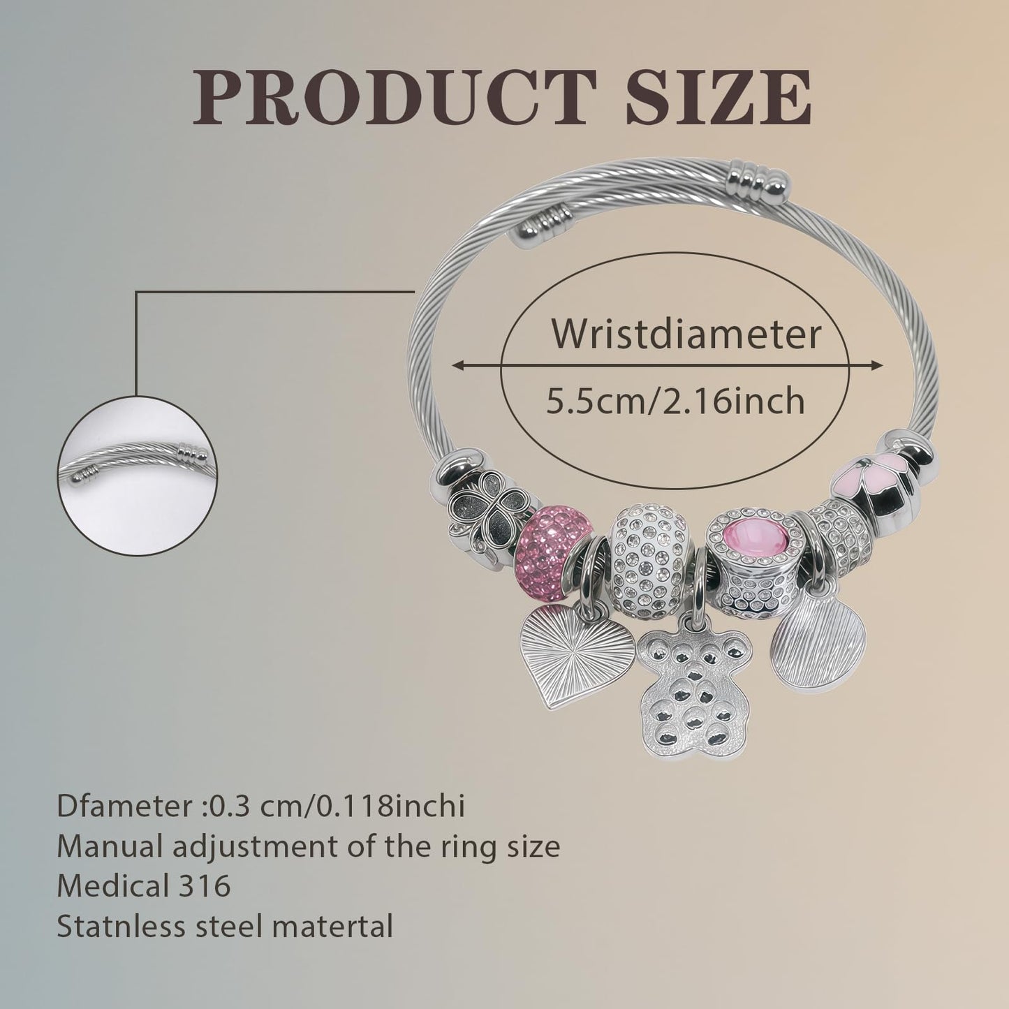IUULOB Silver Women Bracelets - Adjustable Charm Bracelets for Women Birthday Gifts Favors Titanium Steel Bracelet Bundle Jewelry Kit (B: Bear - Love - Pink)