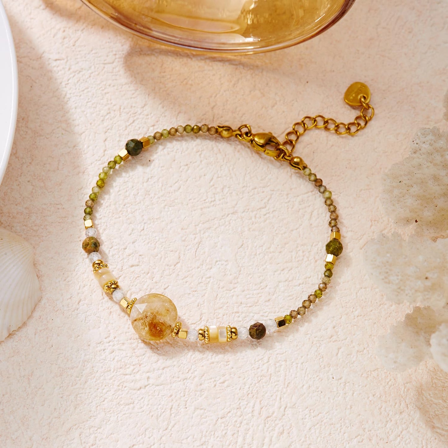 RINHOO Boho Natural Stone Beaded Bracelet for Women, Adjustable Gold Plated Healing Crystal Bracelet Handmade Amethyst Citrine Bracelets Anxiety Relief Jewelry Gifts (Style 3-Green)