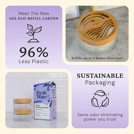 Fresh Wave Odor Removing Gel Eco-Refill, 63 oz. Lavender Scent | 2 Empty Refillable Glass Jars | 2 Room Set