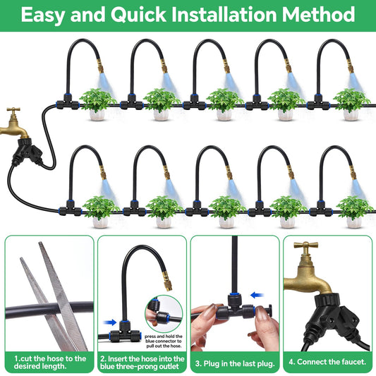 120Ft 1/4" Drip Irrigation System for Garden – 26 Adjustable Copper Nozzles, Automatic Atomizing Sprinkler System for Outdoor Plants Raised Bed, Yard, Potted Plants & Lawn