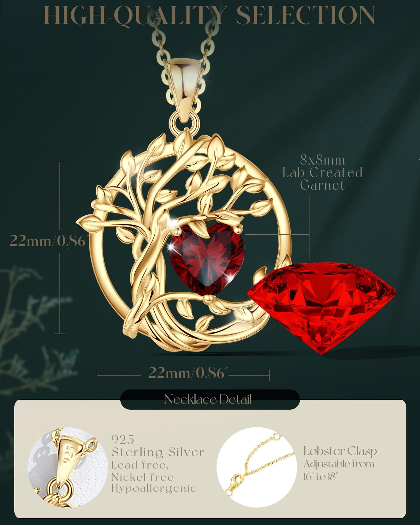 FANCIME Tree of life Garnet necklace, January Birthstone Necklace Sterling Silver Yellow Gold Plated Jewelry Red Gemstone Pendant Birthday Mothers Day Gifts for Women Wife Her