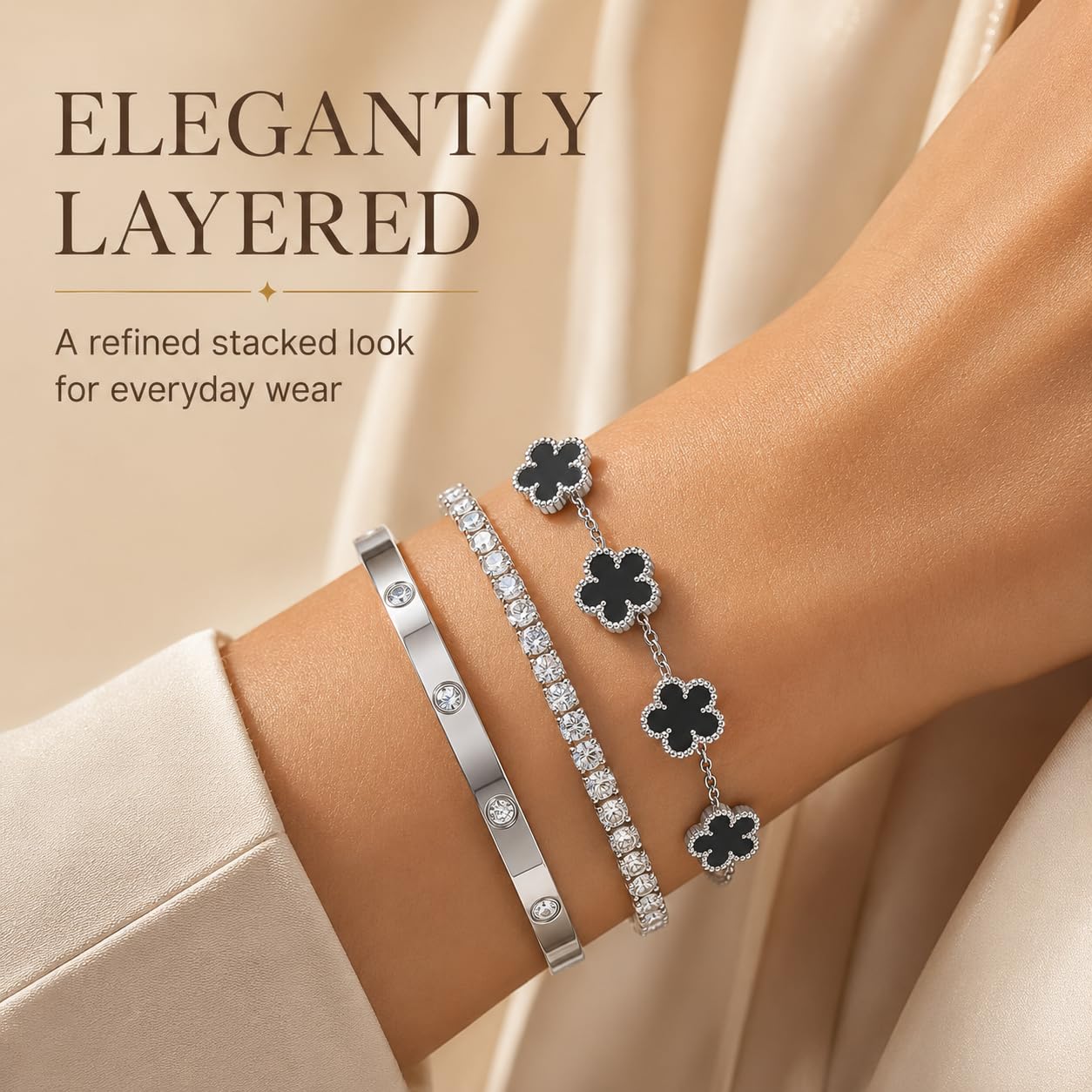 Womens Stackable Floral Silver Bracelets - 3Pcs Silver Sterling Bracelet,Stainless Steel Bangle Bracelets Non Tarnish, Stacked Bracelet Set Trendy Jewelry,Christmas Prom Birthday Gifts for Girlfriend