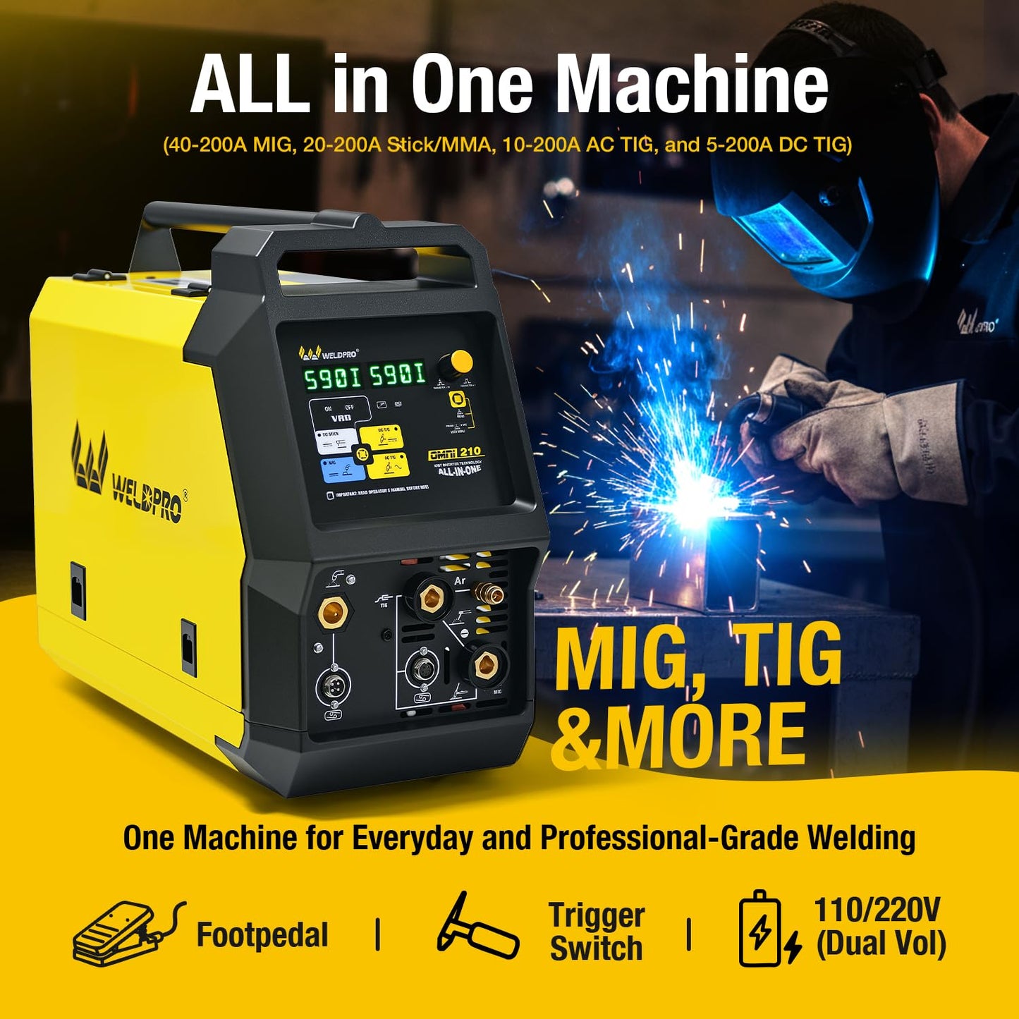 Weldpro 200A Multi Process MIG Welder, 6 in 1 MIG/Flux Core/Stick/Spool Gun/AC/DC TIG Welder 110V/220V, High Frequency Aluminum Welding Machine with Pulse/Balance/Frequency Control