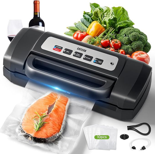 Vacuum Sealer for Food, 90kpa Powerful Food Sealer Vacuum Sealer Machine for Food Saver, 7-in-1 Multiple Modes for Dry/Moist, Easy-Lock Handle, Compact Design with 10 Vacuum Bags, Bag Cutter Included