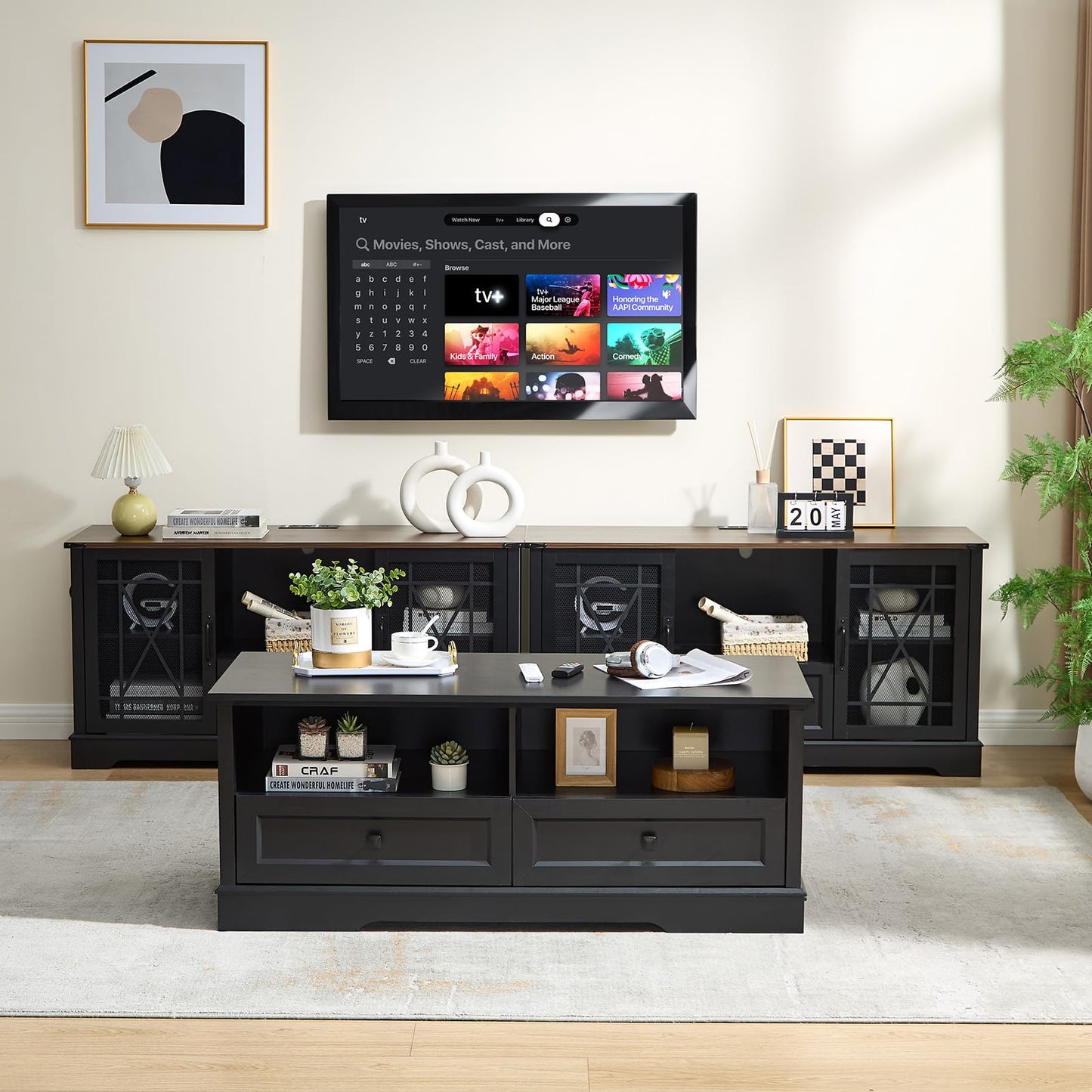 48" Farmhouse Coffee Table for Living Room, Wood Coffee Table with Storage, Rustic Rectangular Black Table Center Table with 2 Drawers for Office, Large Tabletop Dining Table for Home Living Room