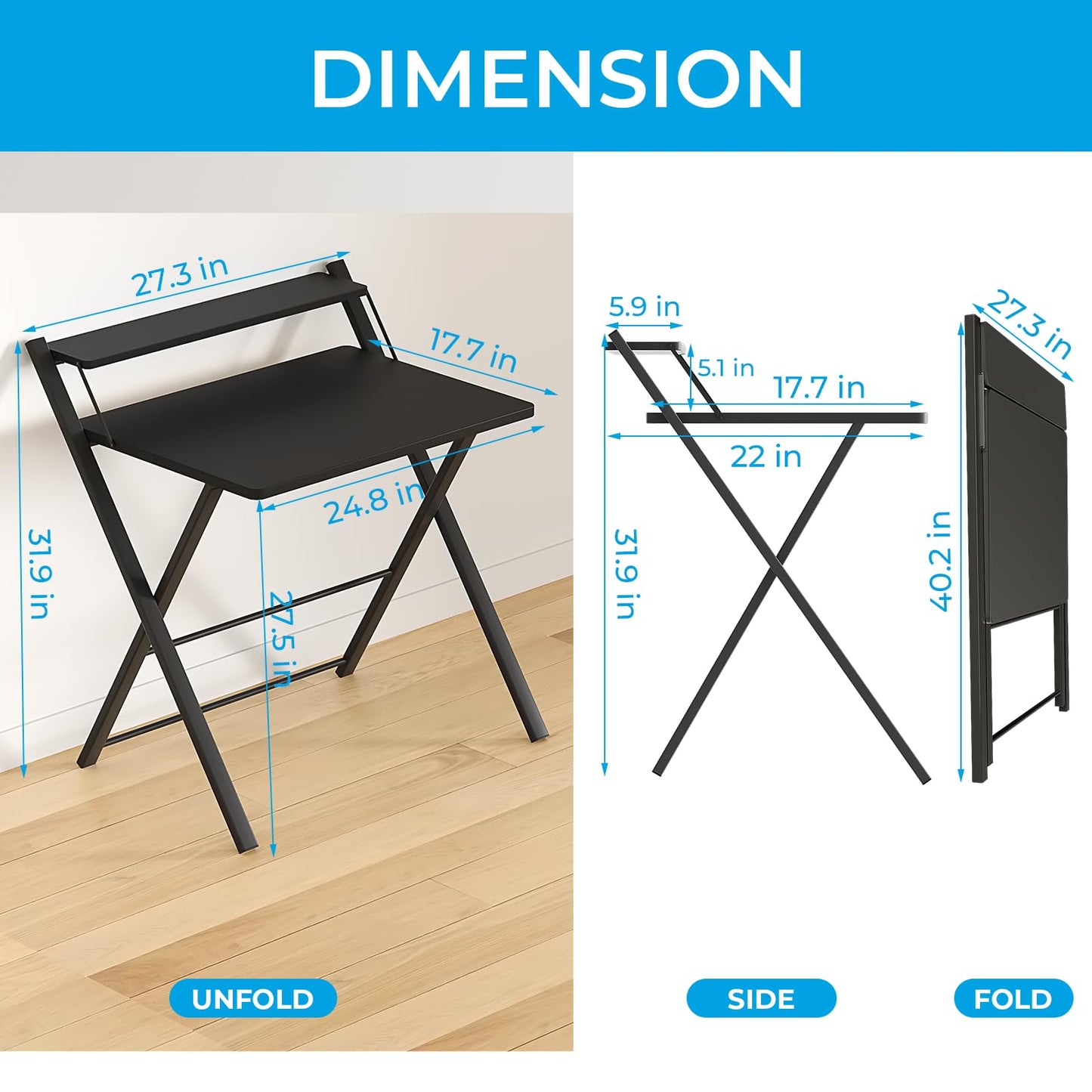GreenForest Folding Desk No Assembly Required Small Size, 2-Tier Foldable Computer Desk with Shelf for Home Office, Space Saving Portable Laptop Study Foldable Table for Small Spaces, Black