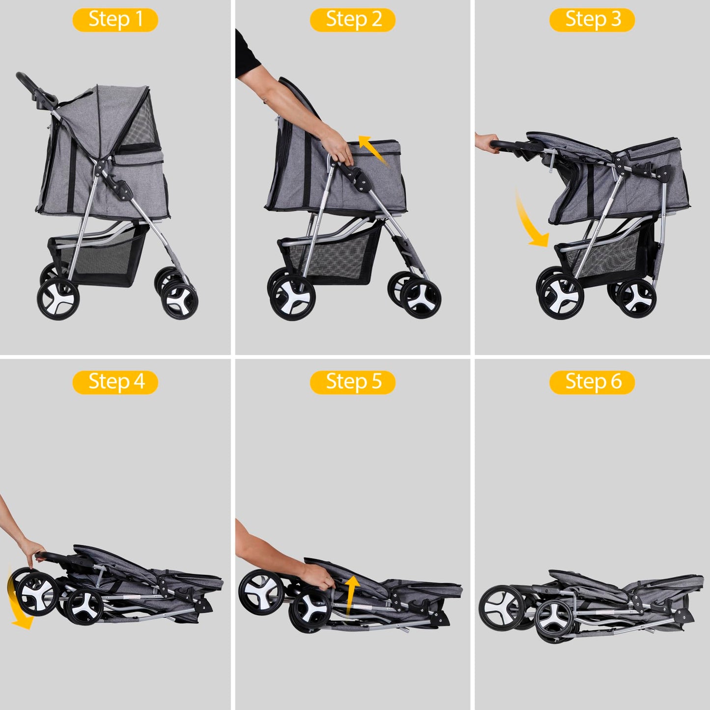 ZENY Foldable Pet Stroller, Cat/Dog Stroller with 4 Wheel, Pet Travel Carrier Strolling Cart with Storage Basket, Cup Holder (Grey)